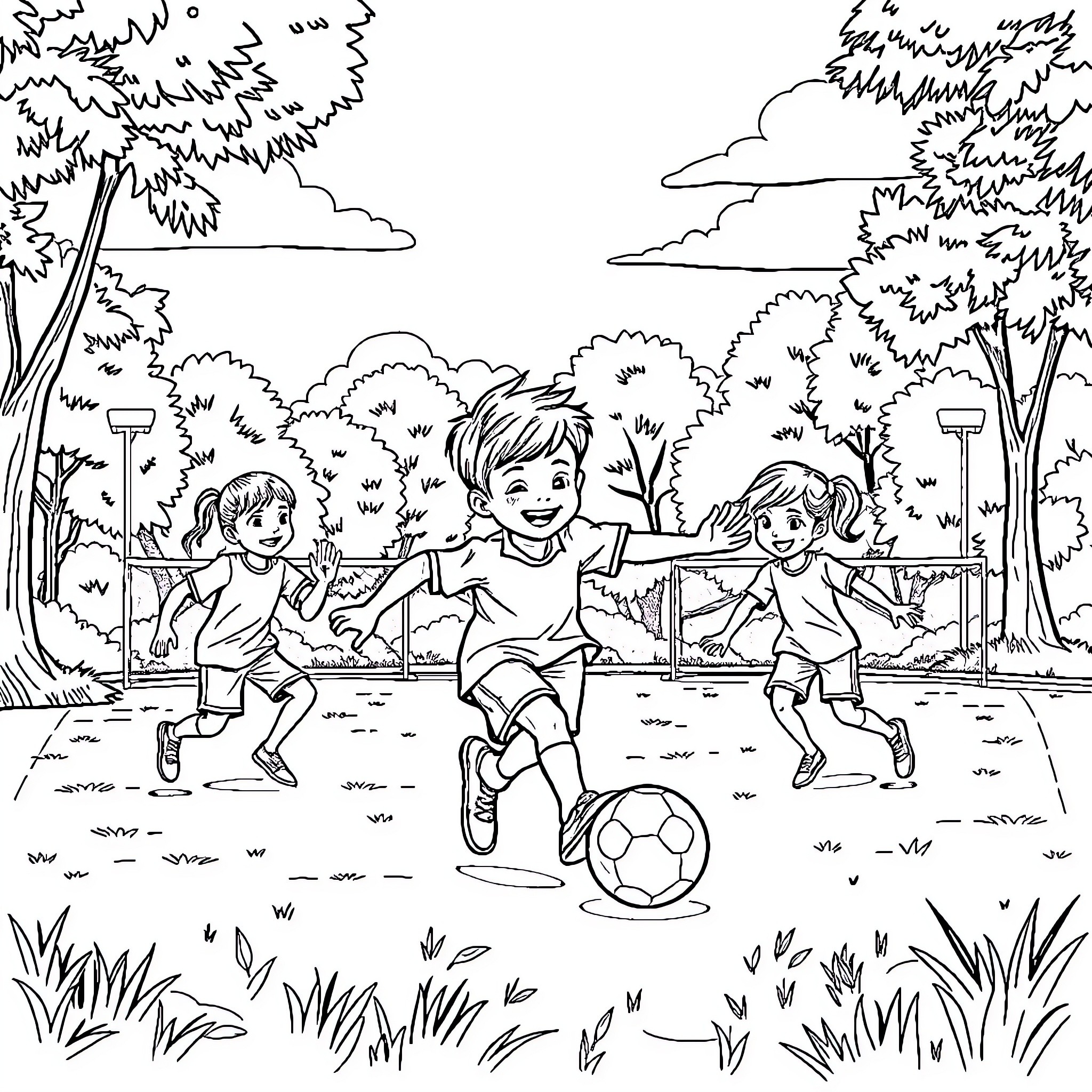 Niños playing soccer in the park Coloring Page (free black-and-white line drawing printable PDF for all, from beginners to advanced learners, including children, teens, adults, and seniors)