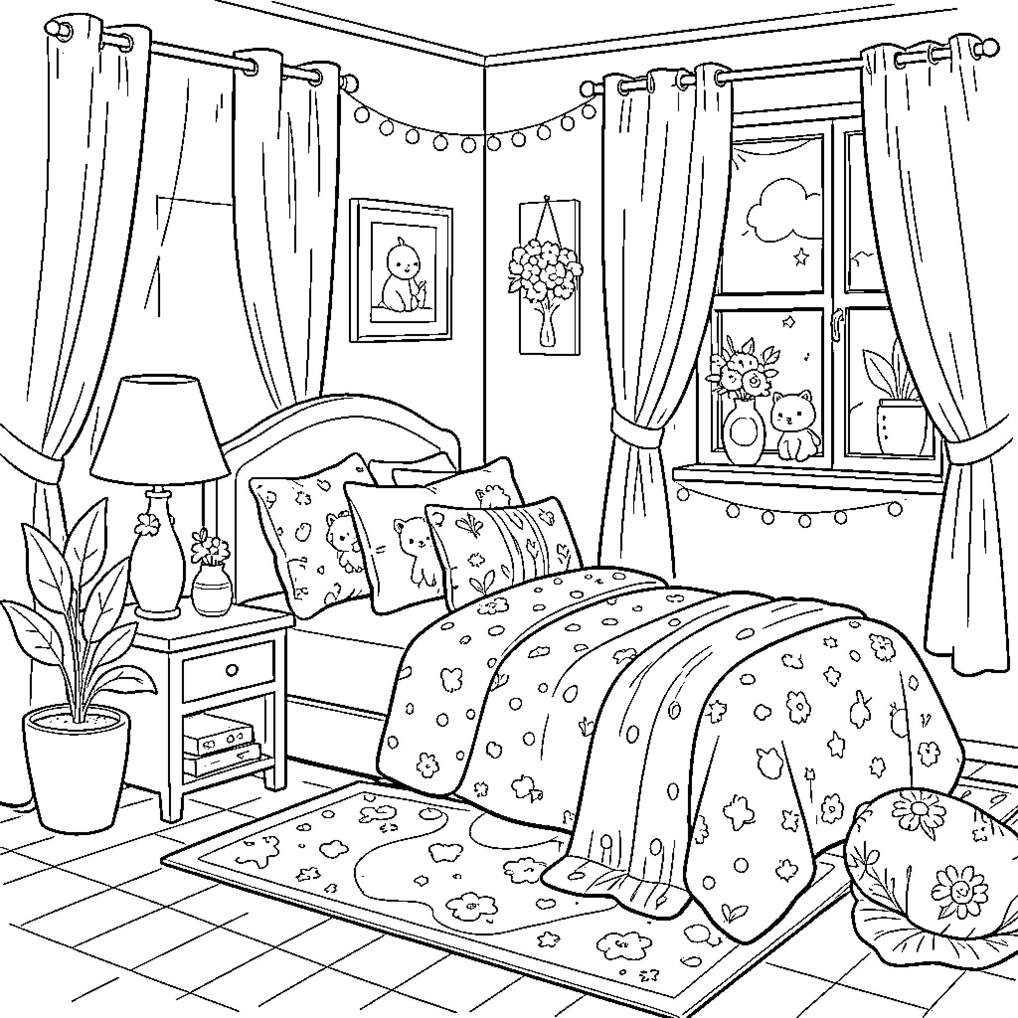 Girl's Cozy Bedroom with Floral Bedding and Decor Coloring Page (free black-and-white line drawing printable PDF for all, from beginners to advanced learners, including children, teens, adults, and seniors)