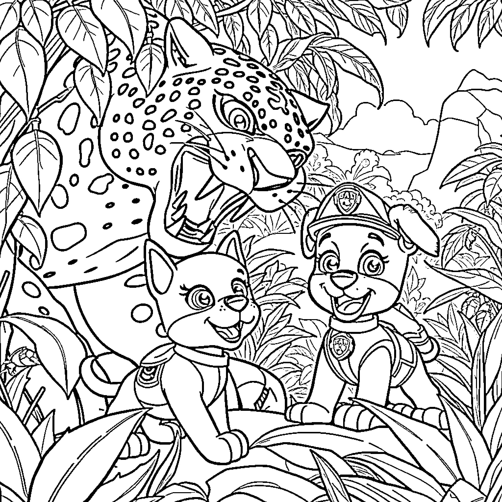 Paw Patrol Adventuring in the Jungle Coloring Page (free black-and-white line drawing printable PDF for all, from beginners to advanced learners, including children, teens, adults, and seniors)