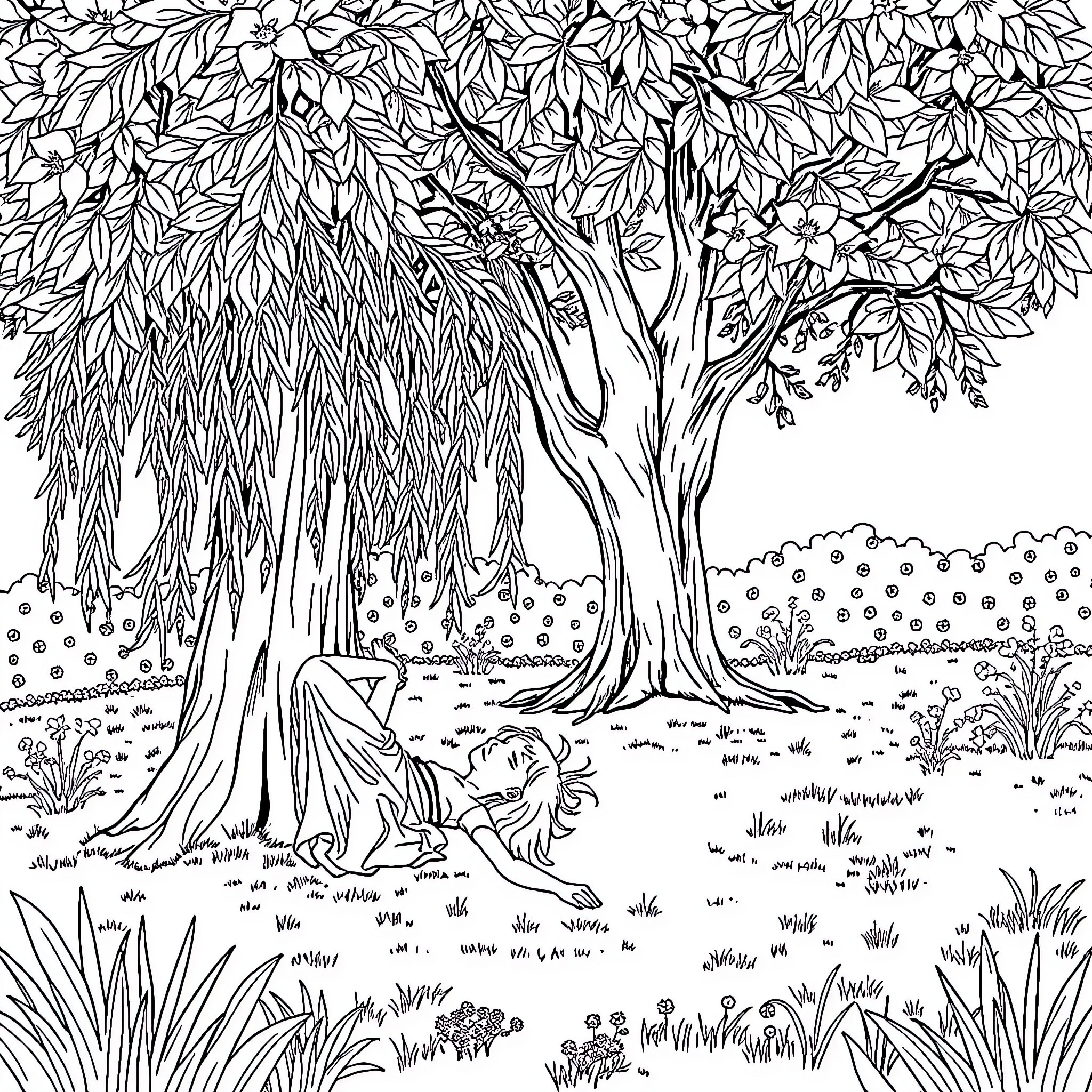 Girl resting under the tree with lush foliage Coloring Page (free black-and-white line drawing printable PDF for all, from beginners to advanced learners, including children, teens, adults, and seniors)