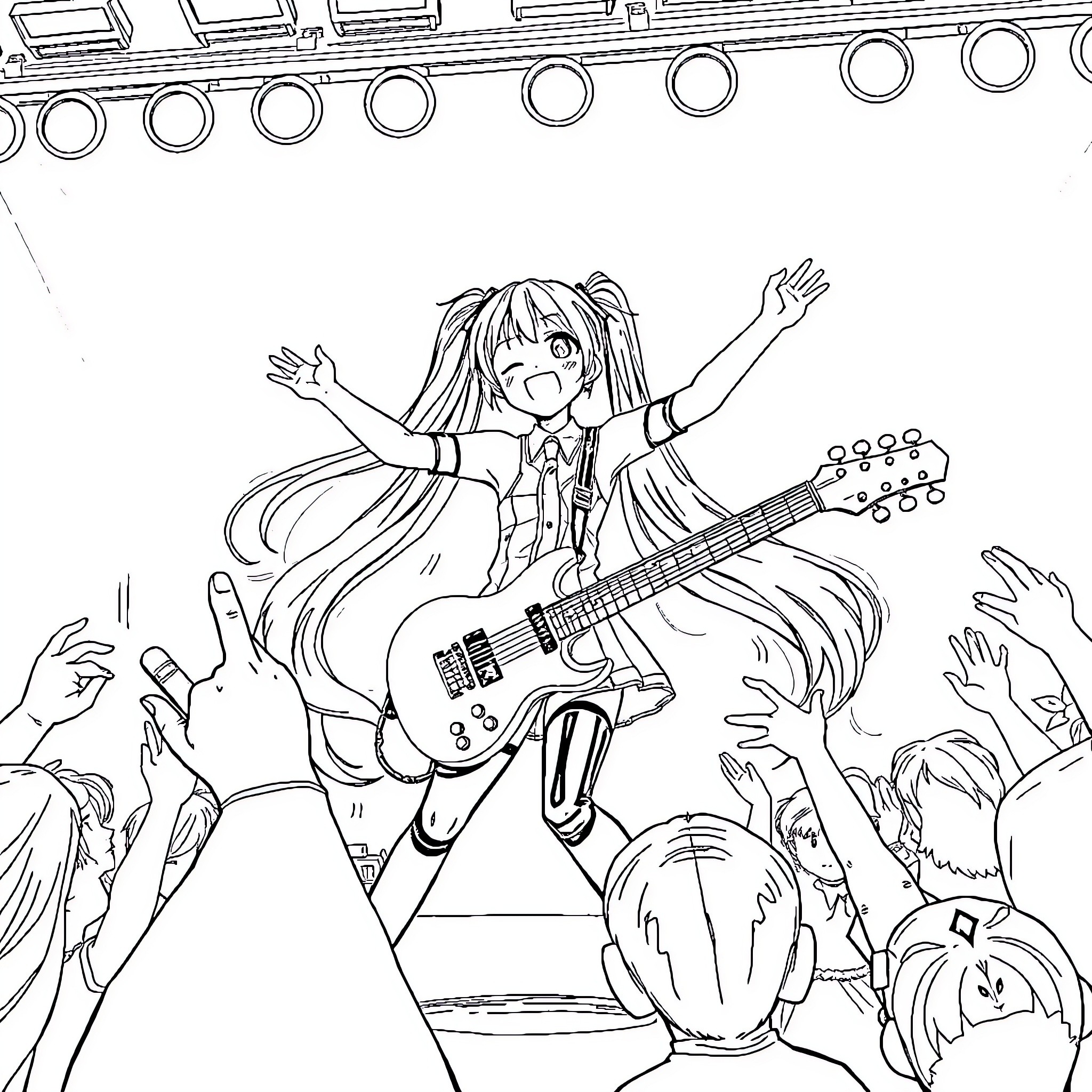 Miku performing joyfully on stage with guitar Coloring Page (free black-and-white line drawing printable PDF for all, from beginners to advanced learners, including children, teens, adults, and seniors)
