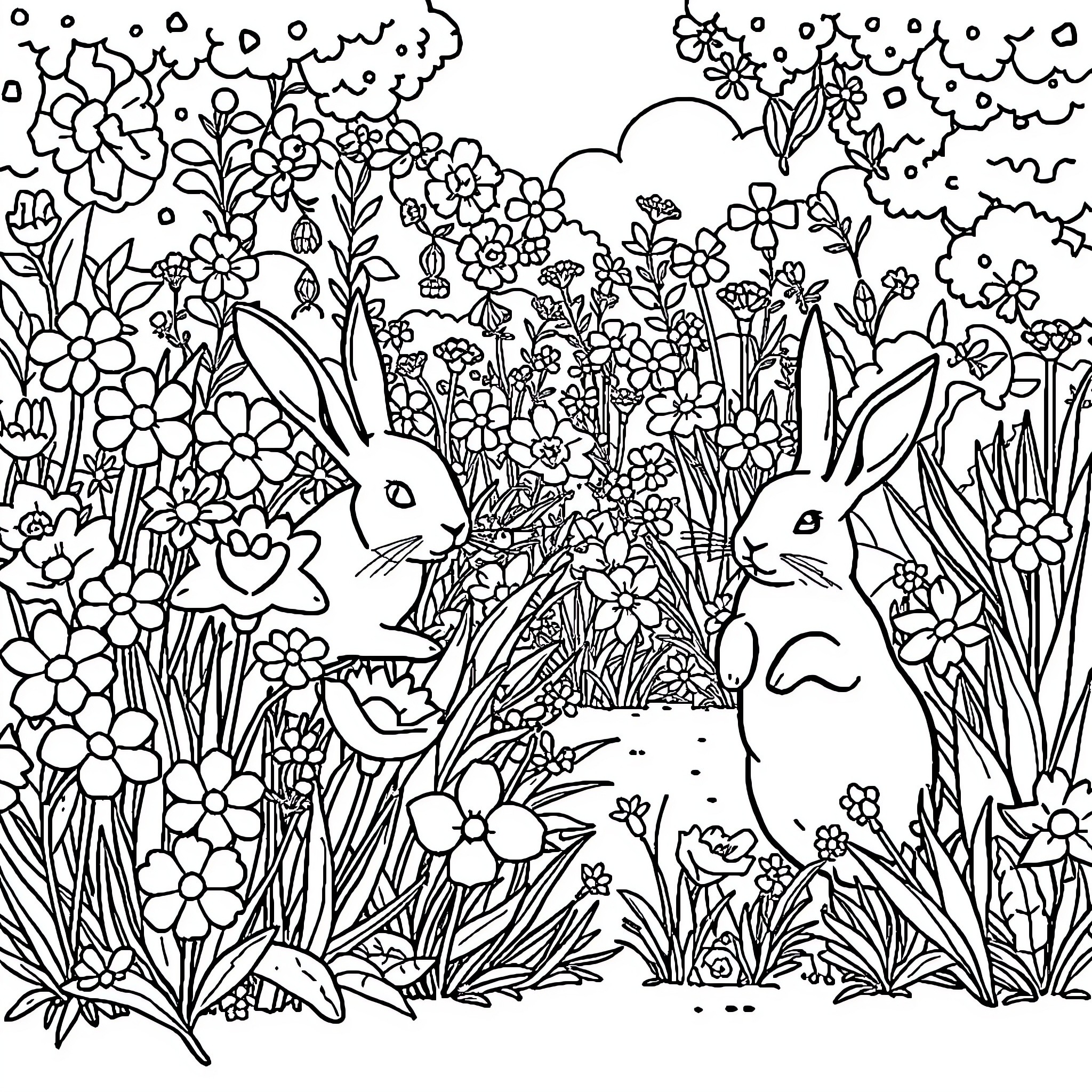 Rabbit Companions in a Floral Wonderland Coloring Page (free black-and-white line drawing printable PDF for all, from beginners to advanced learners, including children, teens, adults, and seniors)