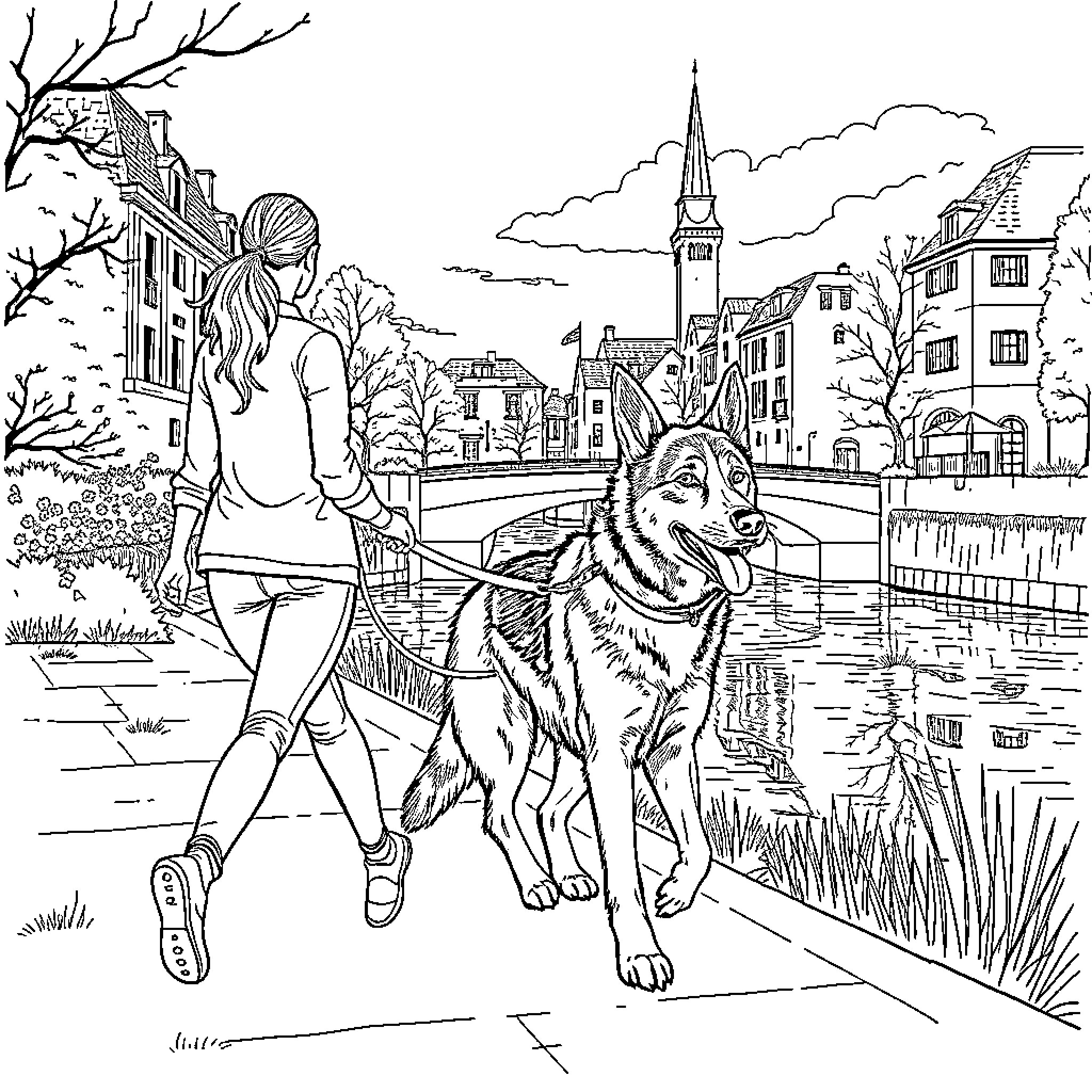 Wolfhound Companion Strolling Through Picturesque Town Coloring Page (free black-and-white line drawing printable PDF for all, from beginners to advanced learners, including children, teens, adults, and seniors)