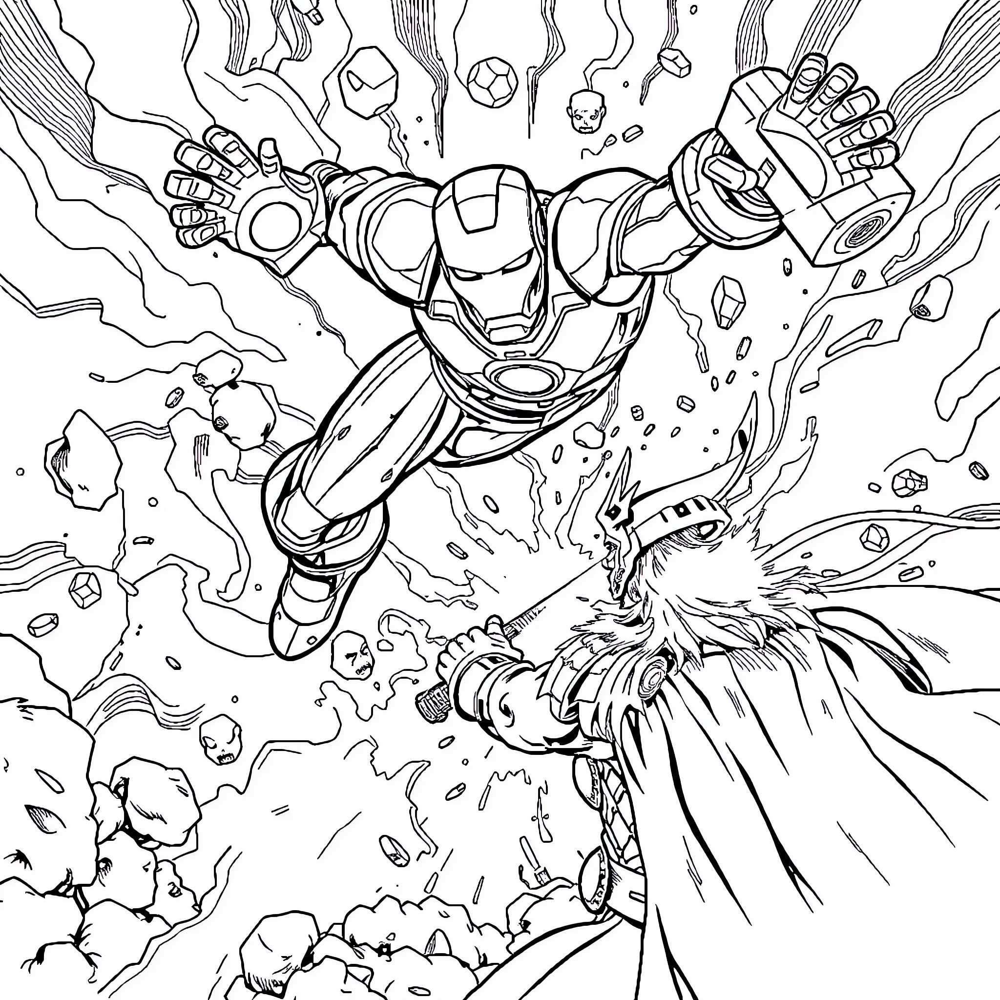 Ironman's heroic action against villainous foes Coloring Page (free black-and-white line drawing printable PDF for all, from beginners to advanced learners, including children, teens, adults, and seniors)