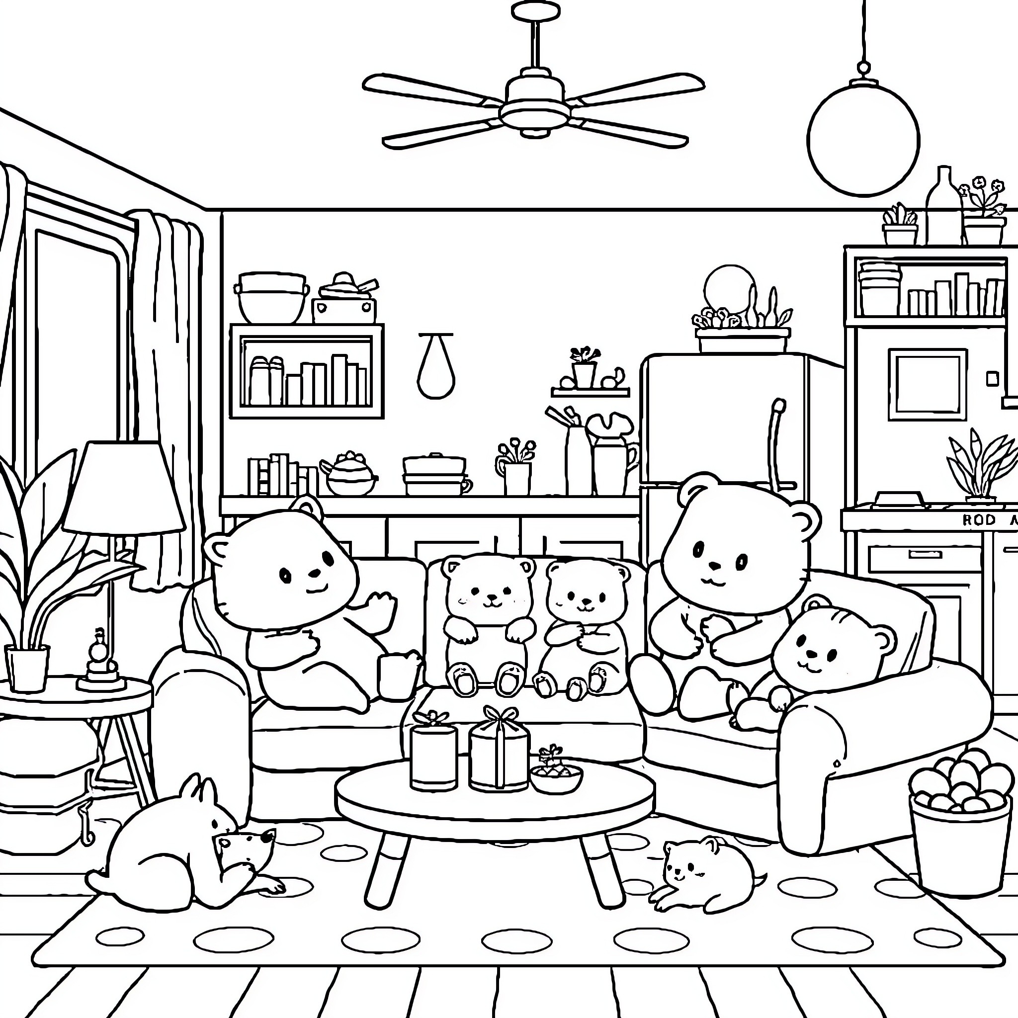 Animal friends enjoying a cozy indoor gathering Coloring Page (free black-and-white line drawing printable PDF for all, from beginners to advanced learners, including children, teens, adults, and seniors)