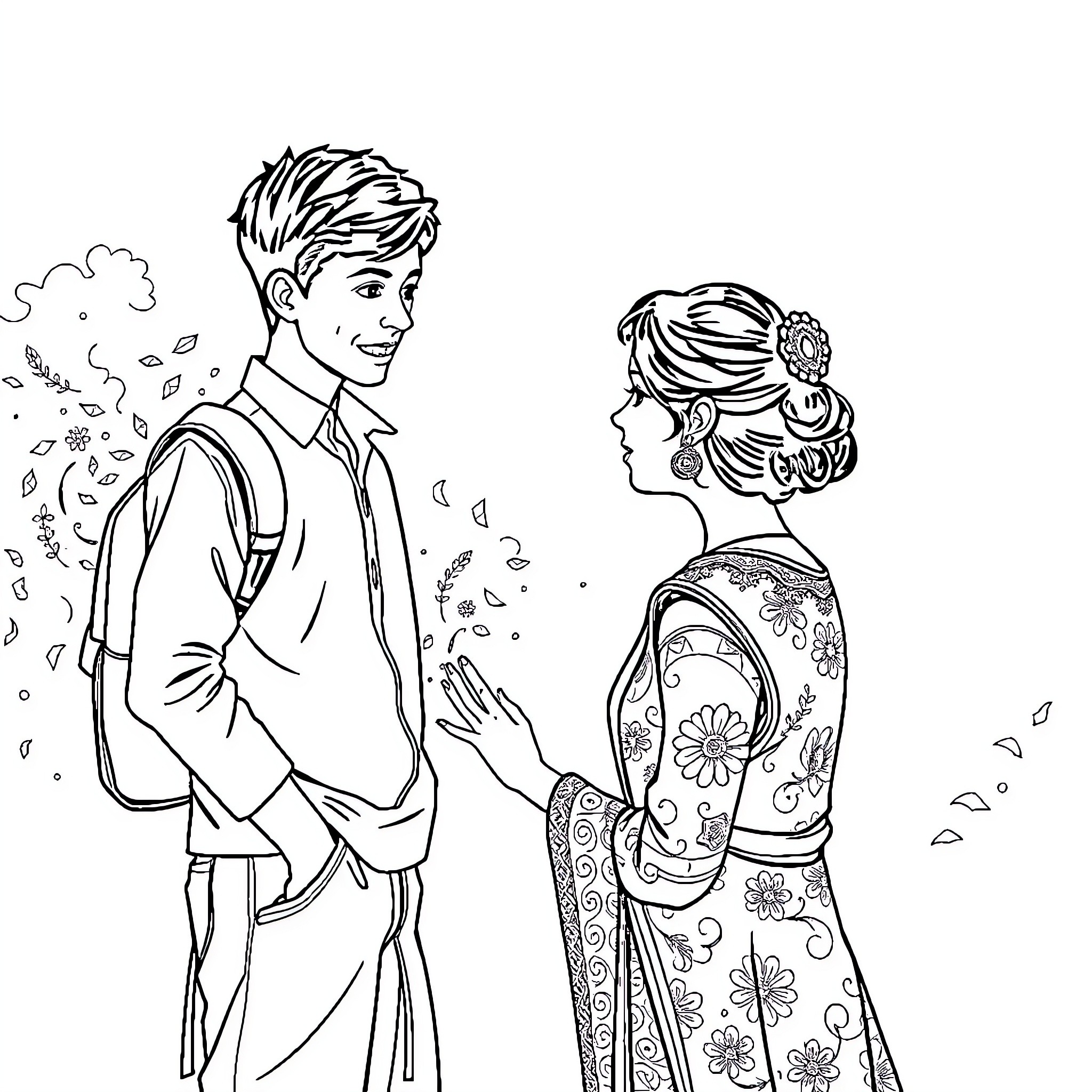 Boy and Girl in Traditional Outfits Coloring Page (free black-and-white line drawing printable PDF for all, from beginners to advanced learners, including children, teens, adults, and seniors)