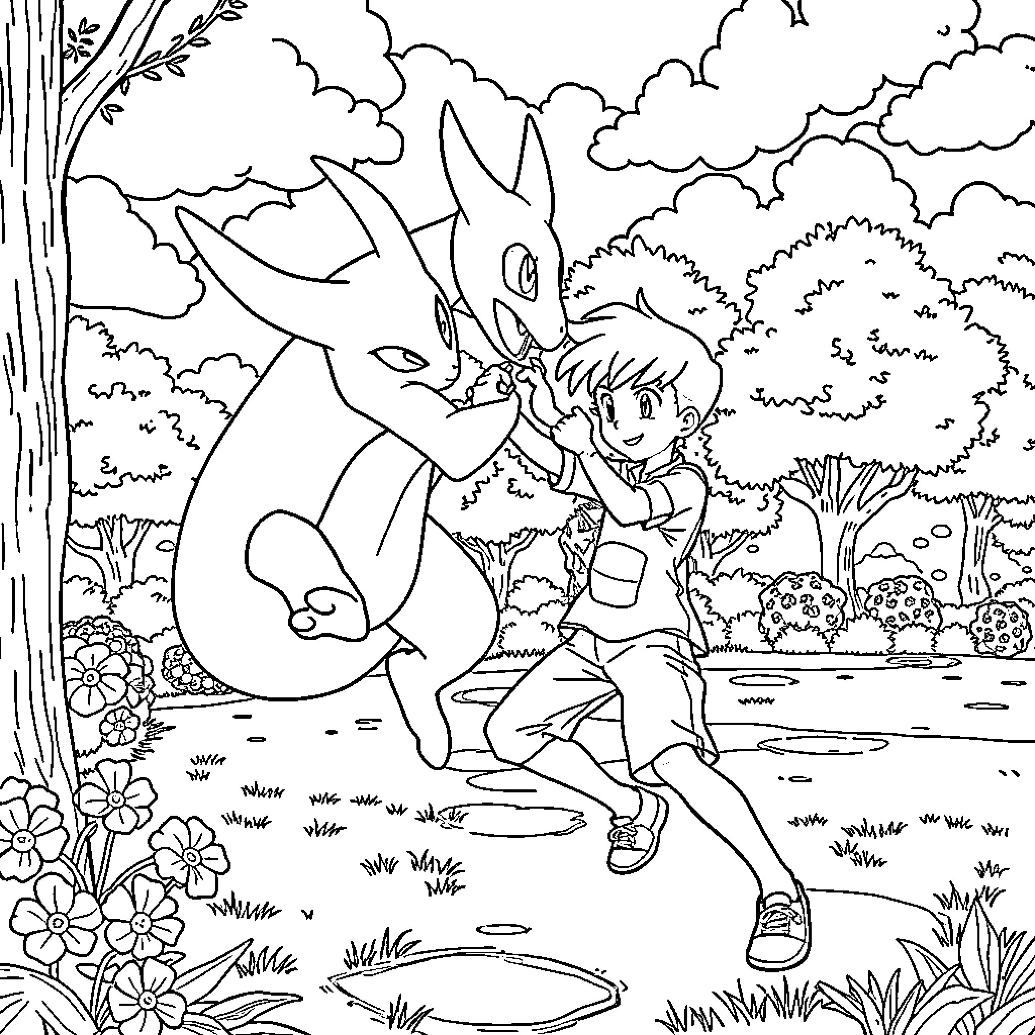 Boy exploring nature with friendly rabbit Coloring Page (free black-and-white line drawing printable PDF for all, from beginners to advanced learners, including children, teens, adults, and seniors)