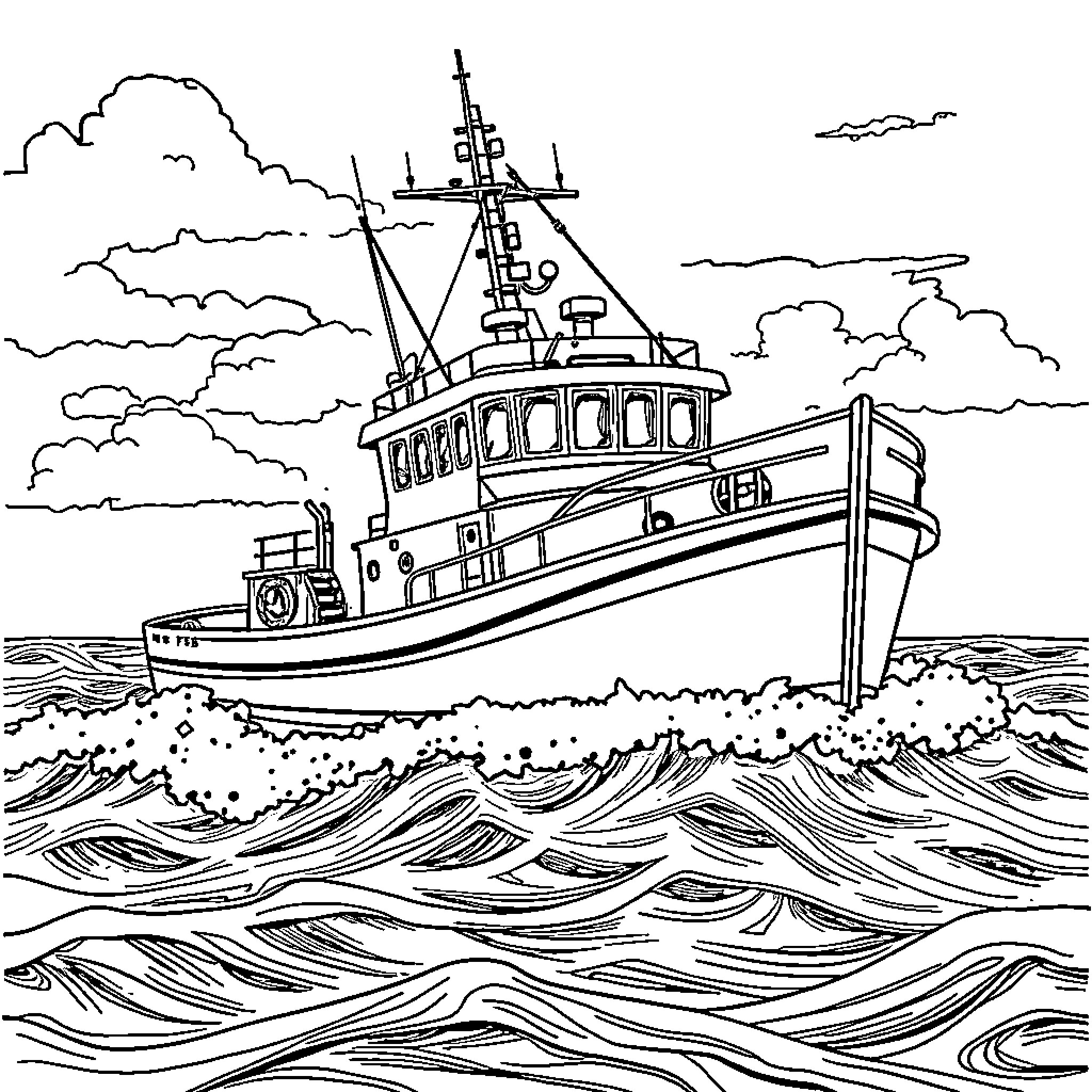 Fishing Boat Navigating Rough Seas Coloring Page (free black-and-white line drawing printable PDF for all, from beginners to advanced learners, including children, teens, adults, and seniors)