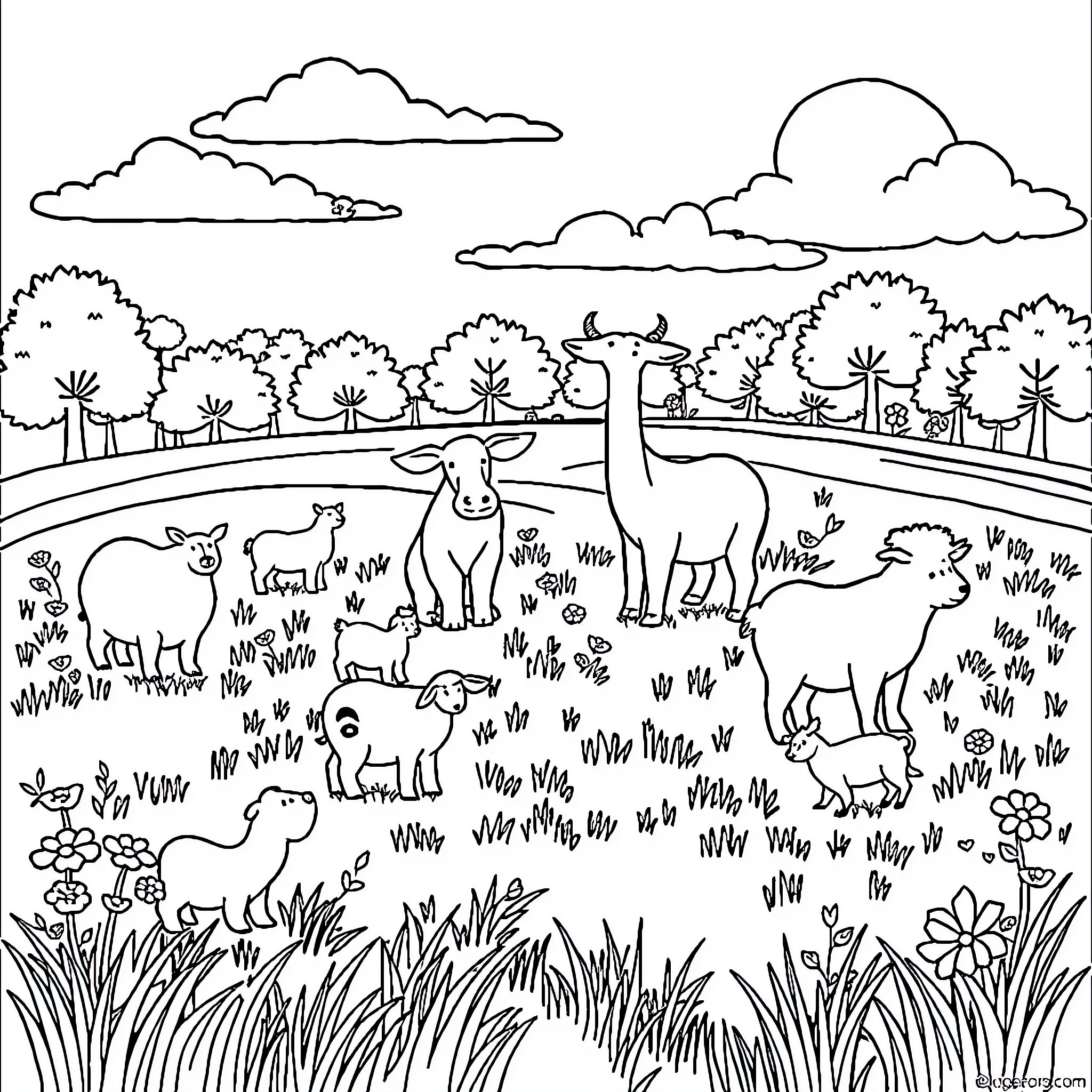 Animal friends in the peaceful meadow Coloring Page (free black-and-white line drawing printable PDF for all, from beginners to advanced learners, including children, teens, adults, and seniors)