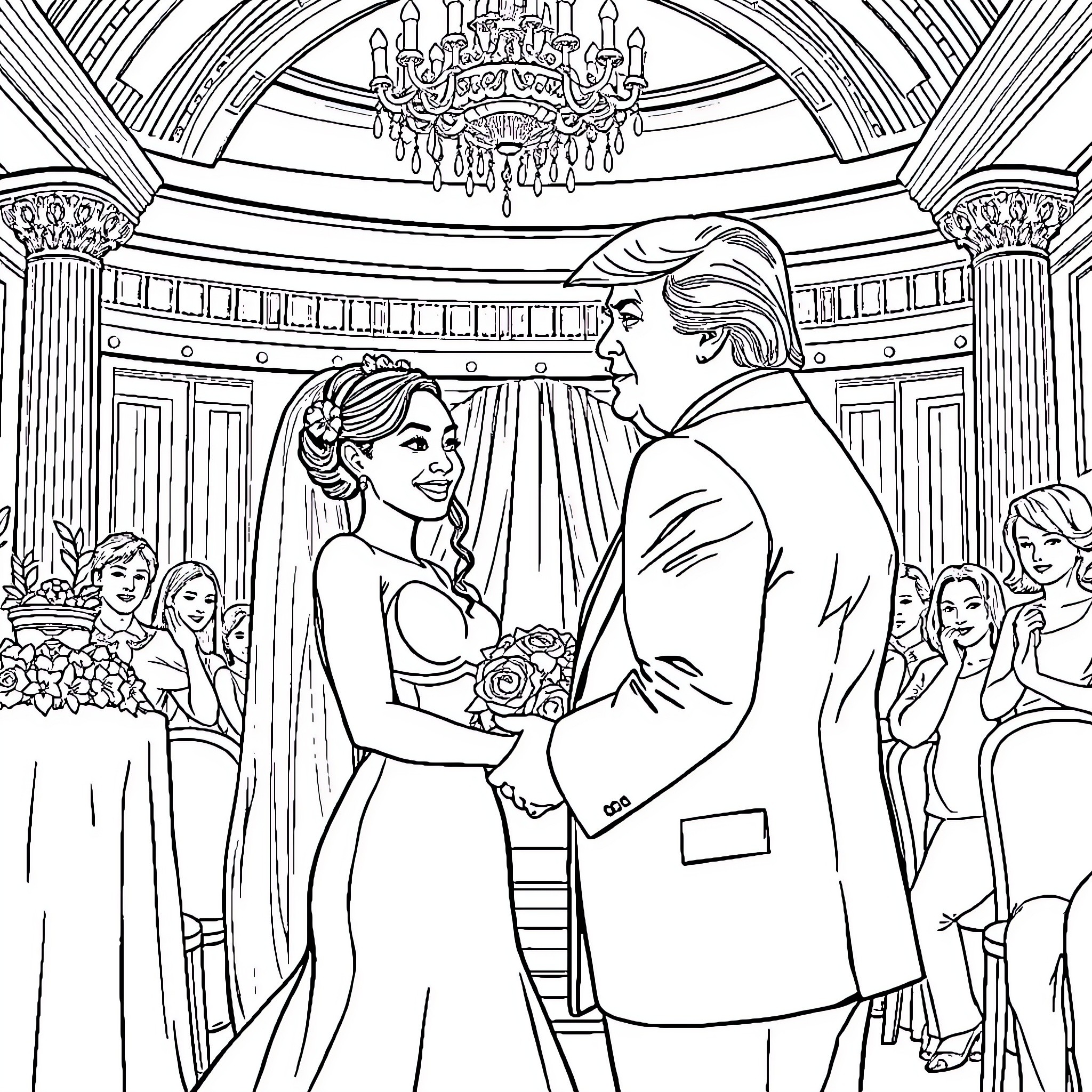 Simone Biles' Elegant Wedding Ceremony Coloring Page (free black-and-white line drawing printable PDF for all, from beginners to advanced learners, including children, teens, adults, and seniors)
