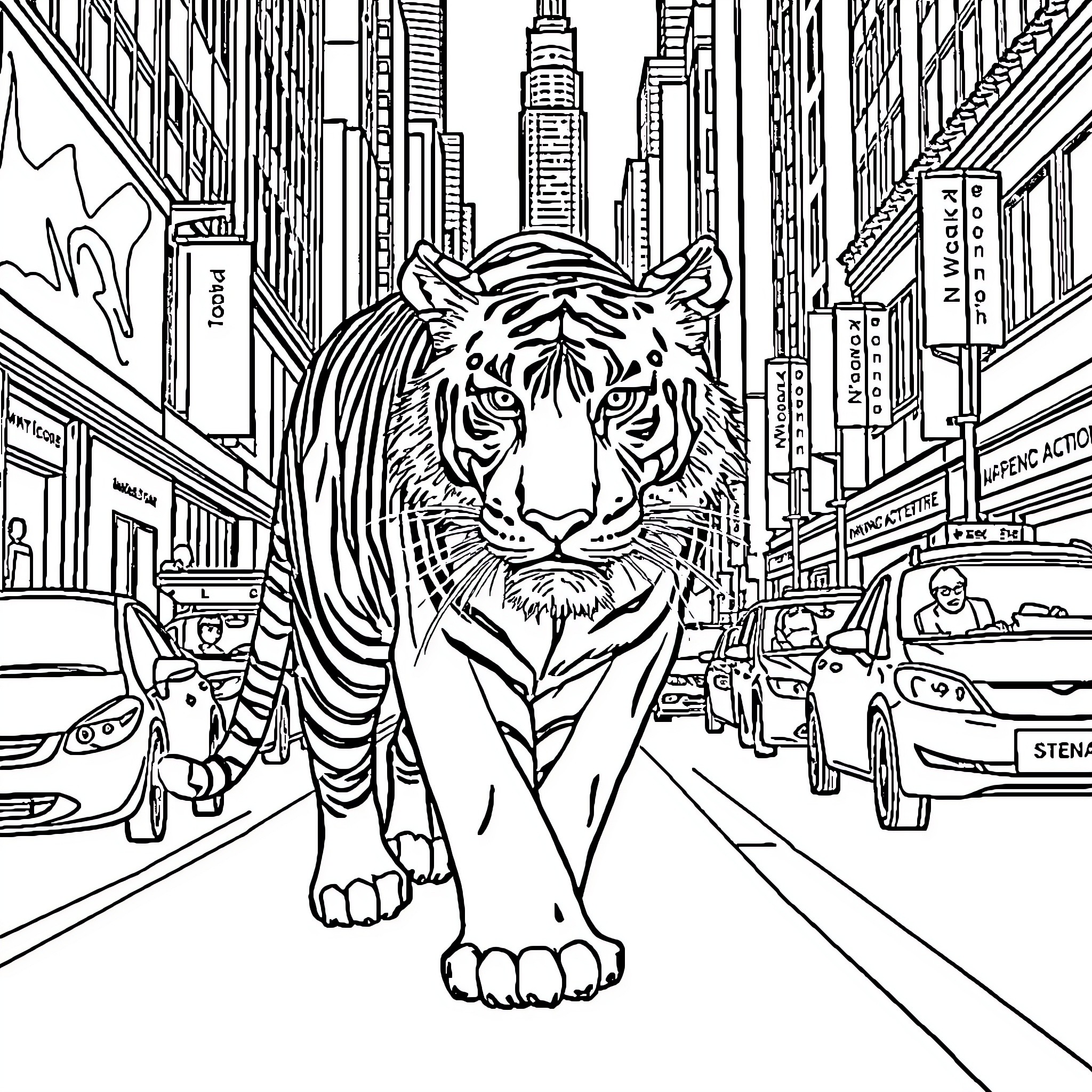 Tiger Roaming the Bustling City Streets Coloring Page (free black-and-white line drawing printable PDF for all, from beginners to advanced learners, including children, teens, adults, and seniors)
