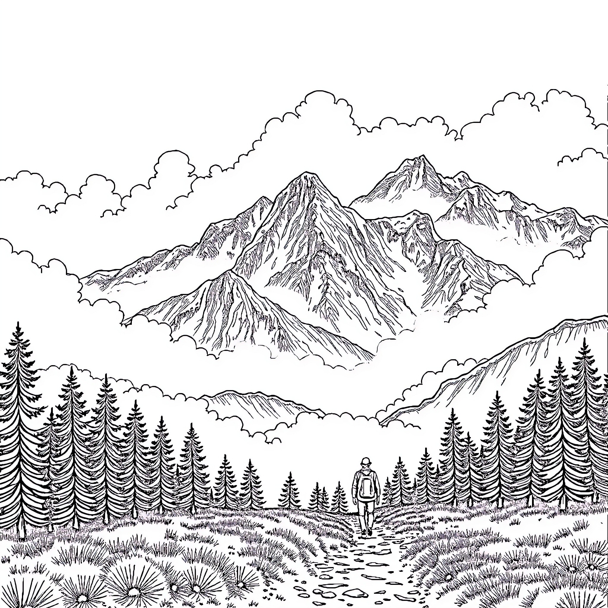 Mountain landscape with hiking figure Coloring Page (free black-and-white line drawing printable PDF for all, from beginners to advanced learners, including children, teens, adults, and seniors)