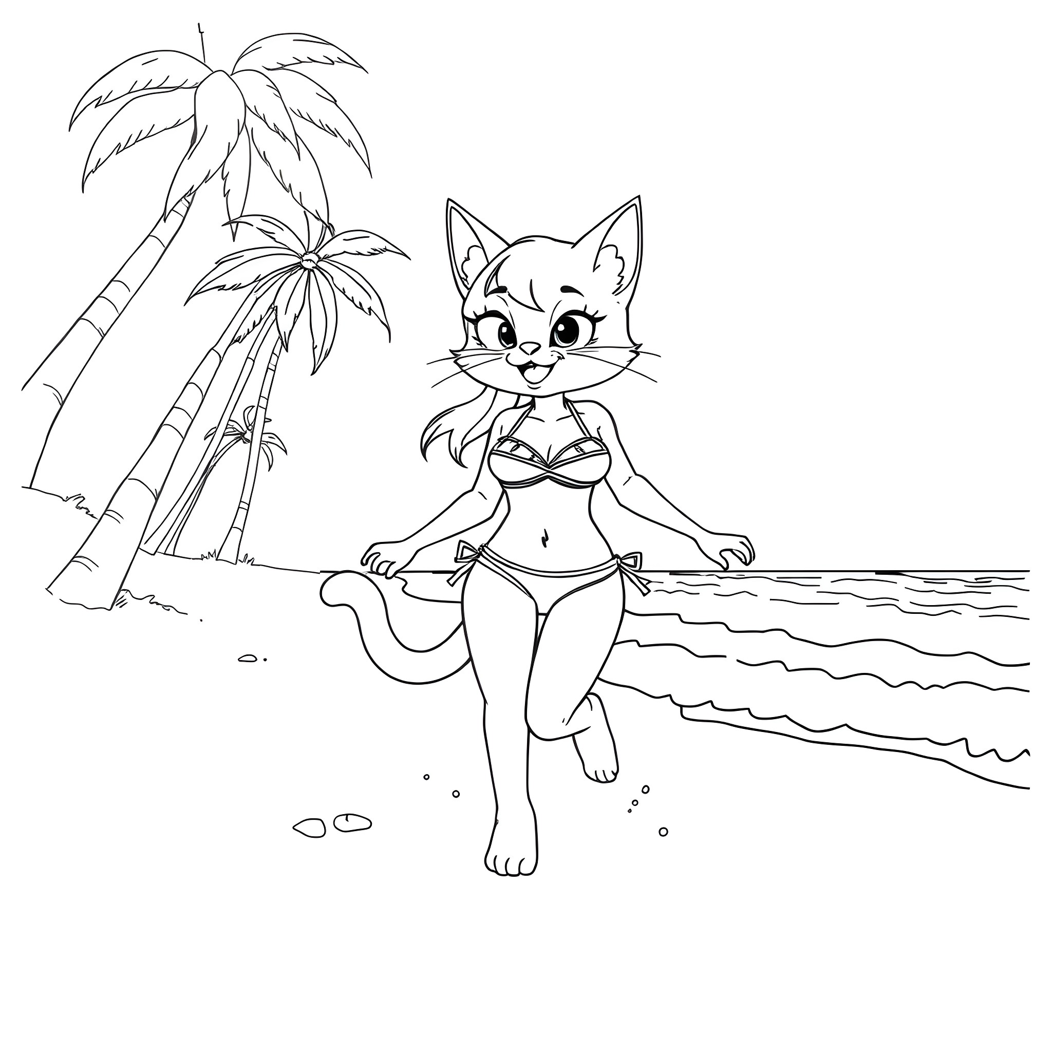 Cat Girl relaxing on the beach Coloring Page (free black-and-white line drawing printable PDF for all, from beginners to advanced learners, including children, teens, adults, and seniors)