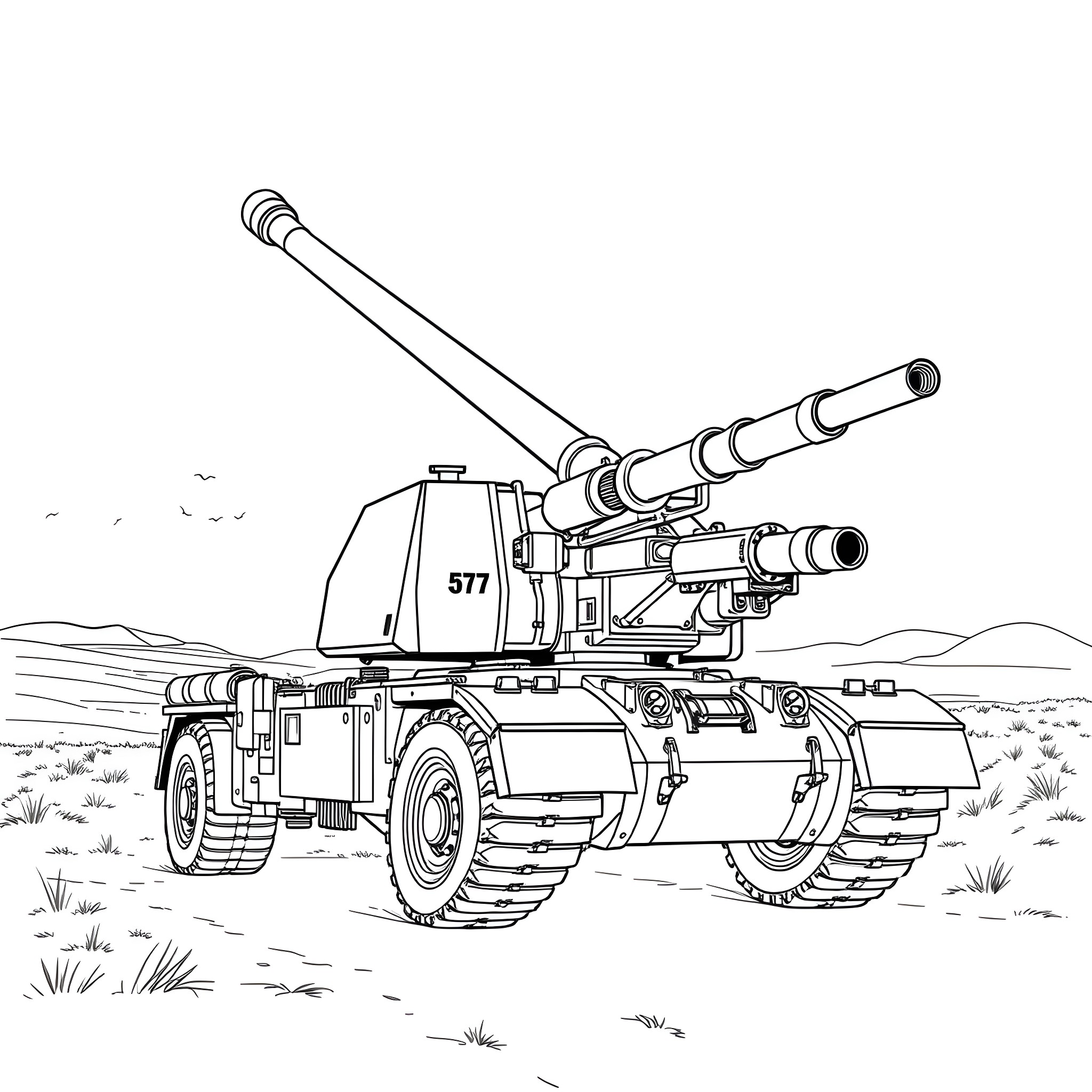 Cannon military vehicle in the field Coloring Page (free black-and-white line drawing printable PDF for all, from beginners to advanced learners, including children, teens, adults, and seniors)