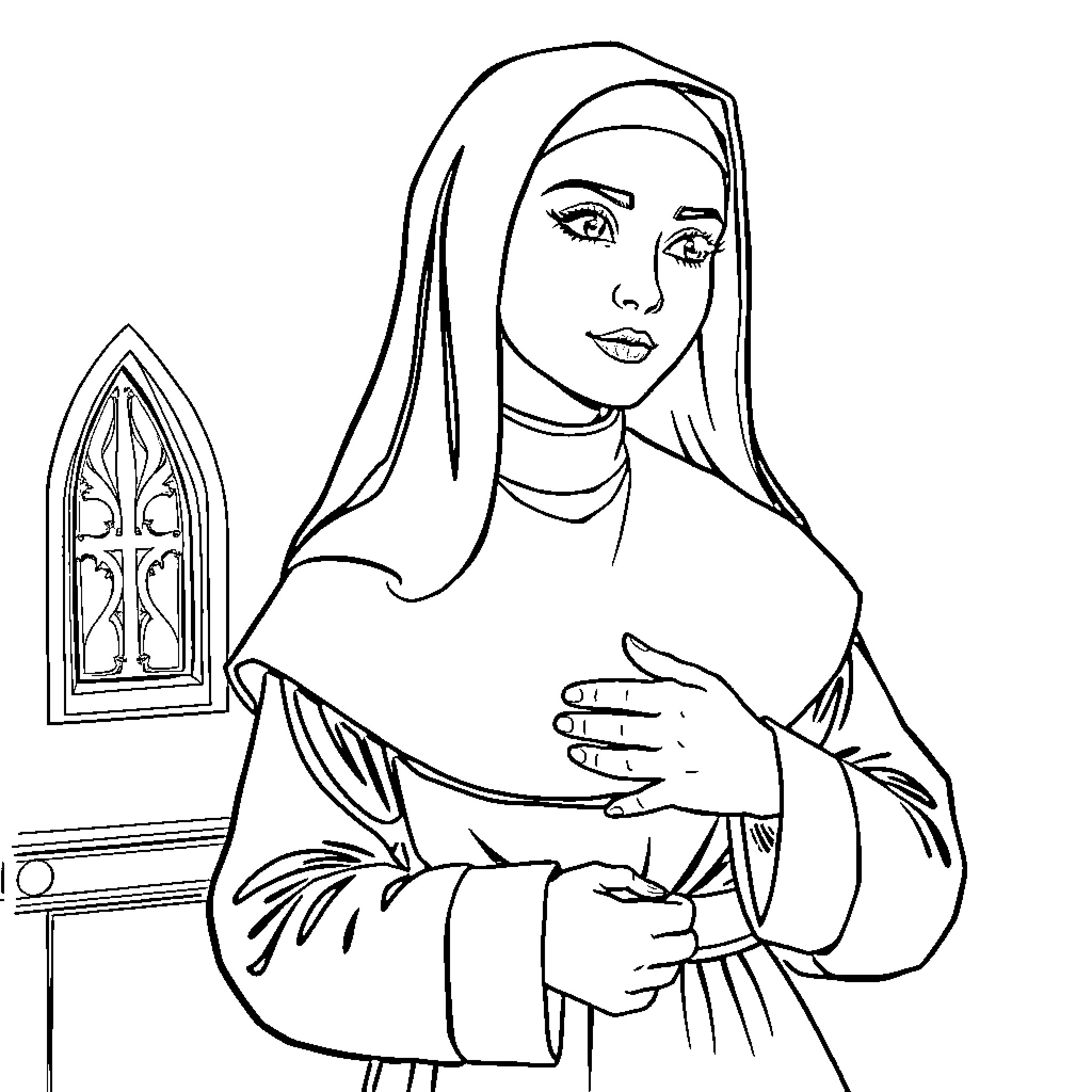 Nun standing solemnly by a church window Coloring Page (free black-and-white line drawing printable PDF for all, from beginners to advanced learners, including children, teens, adults, and seniors)