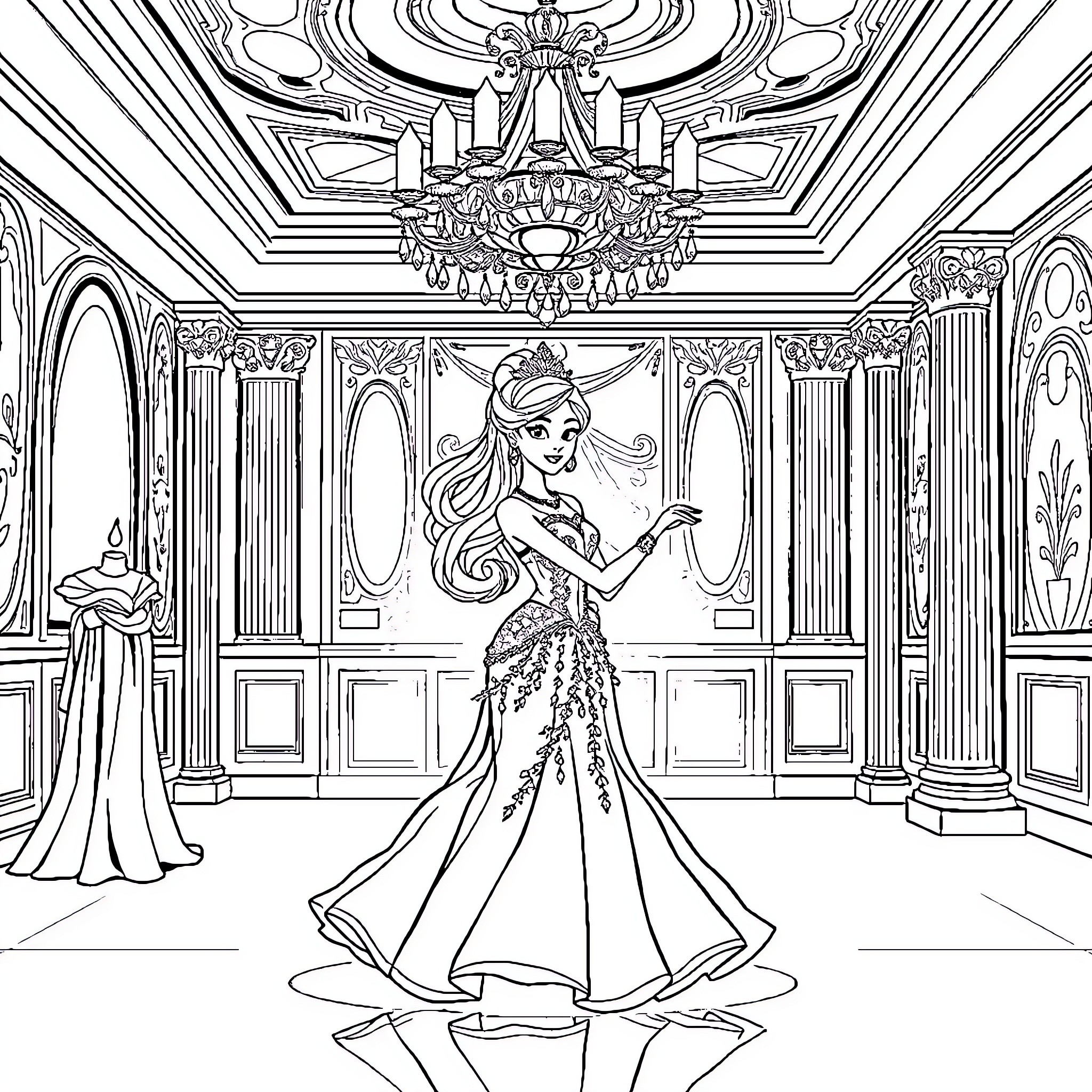 Princess in Elegant Ballroom Dancing Coloring Page (free black-and-white line drawing printable PDF for all, from beginners to advanced learners, including children, teens, adults, and seniors)