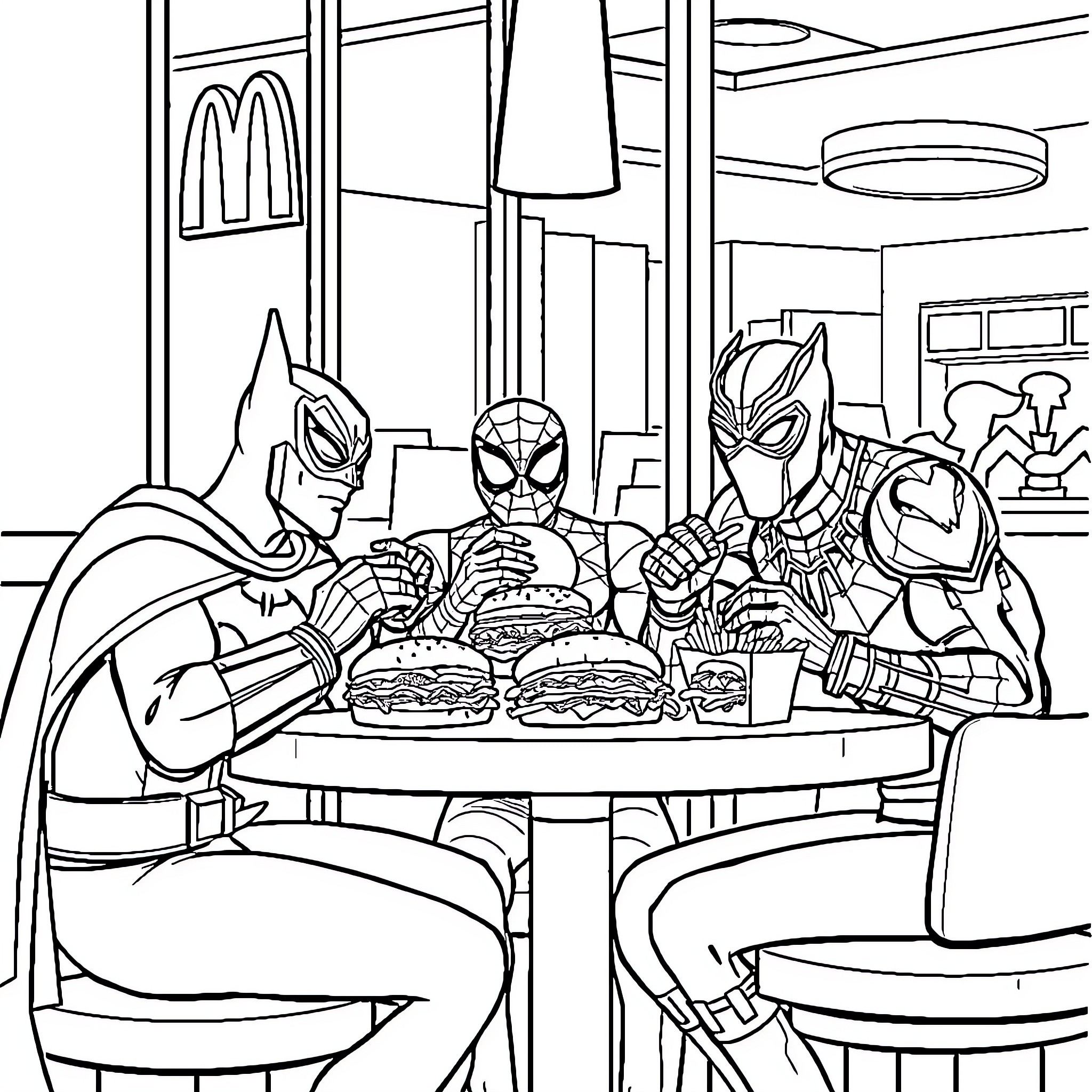 Batman and friends enjoy burgers at a fast food restaurant Coloring Page (free black-and-white line drawing printable PDF for all, from beginners to advanced learners, including children, teens, adults, and seniors)