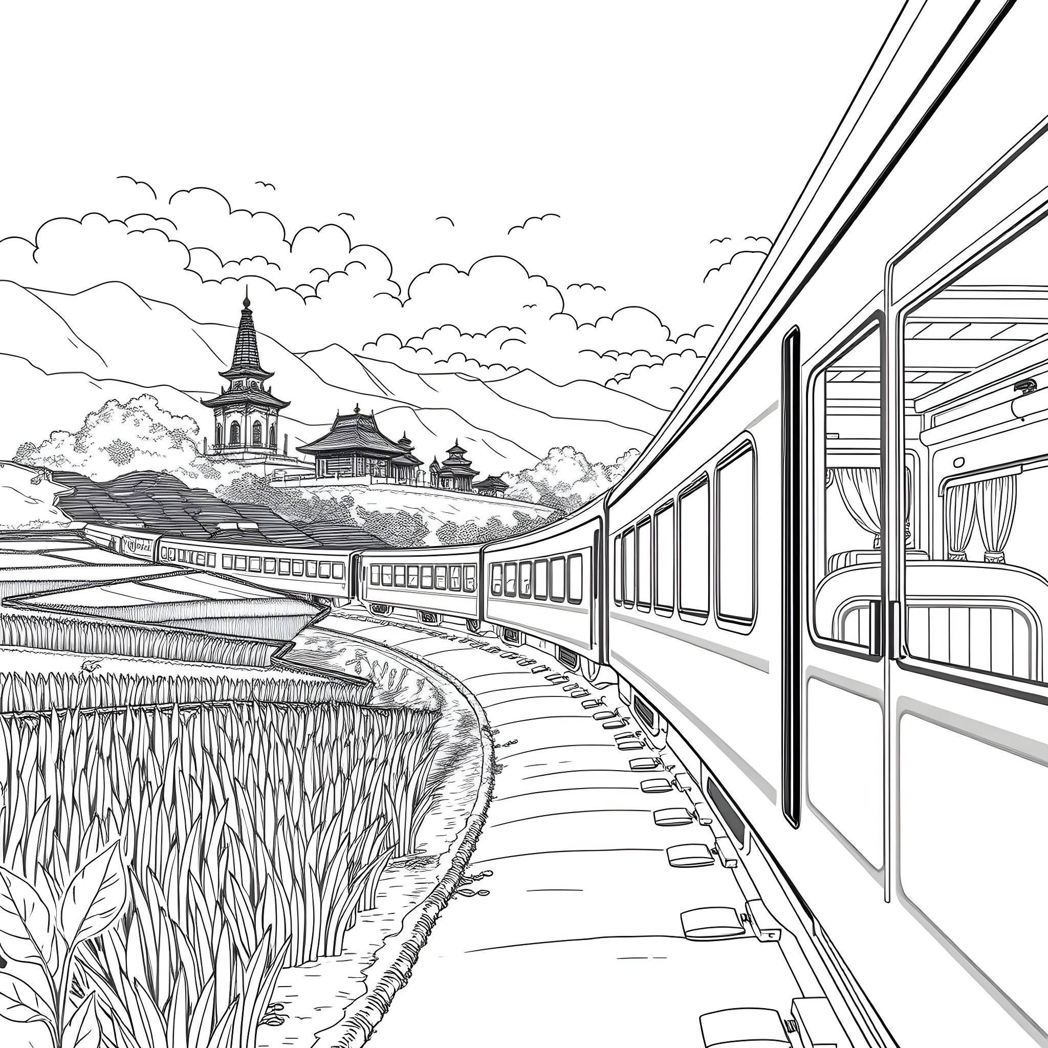 Train passing through a scenic countryside landscape Coloring Page (free black-and-white line drawing printable PDF for all, from beginners to advanced learners, including children, teens, adults, and seniors)