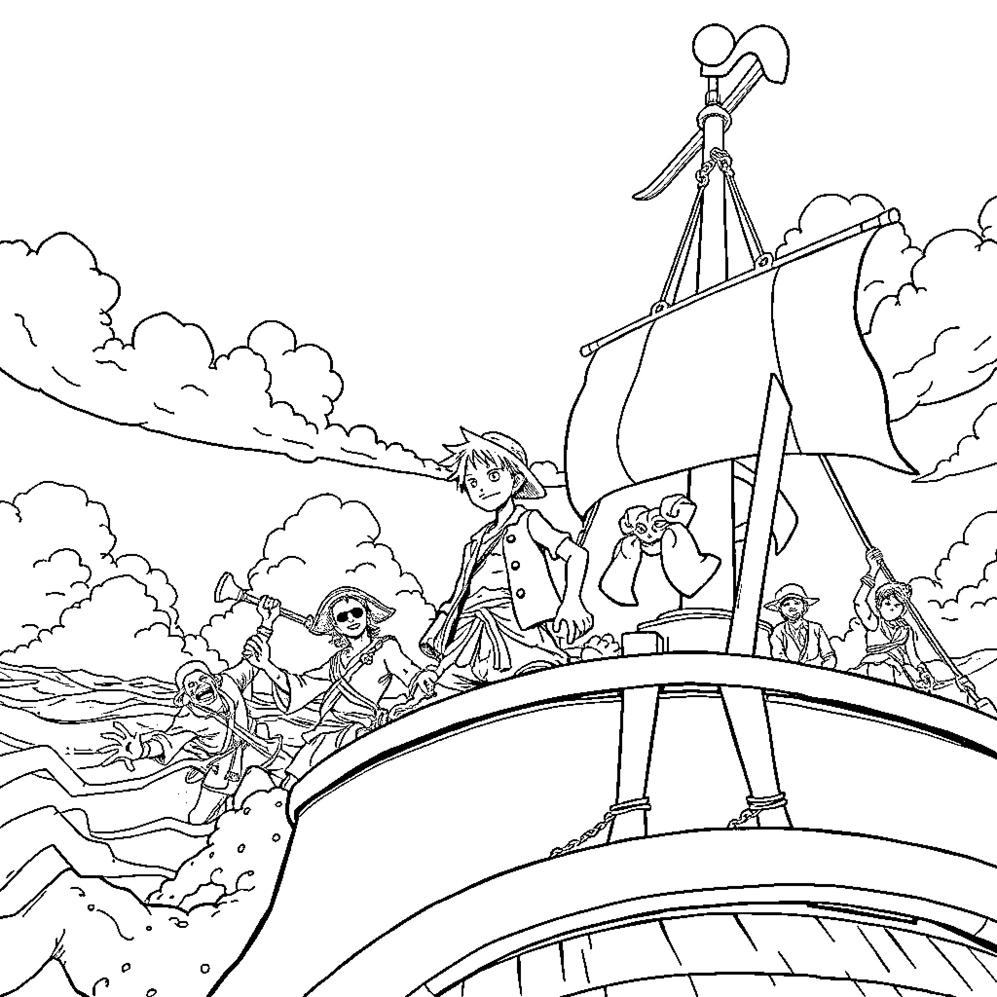 Luffy and the Straw Hat Pirates on a Pirate Adventure Coloring Page (free black-and-white line drawing printable PDF for all, from beginners to advanced learners, including children, teens, adults, and seniors)