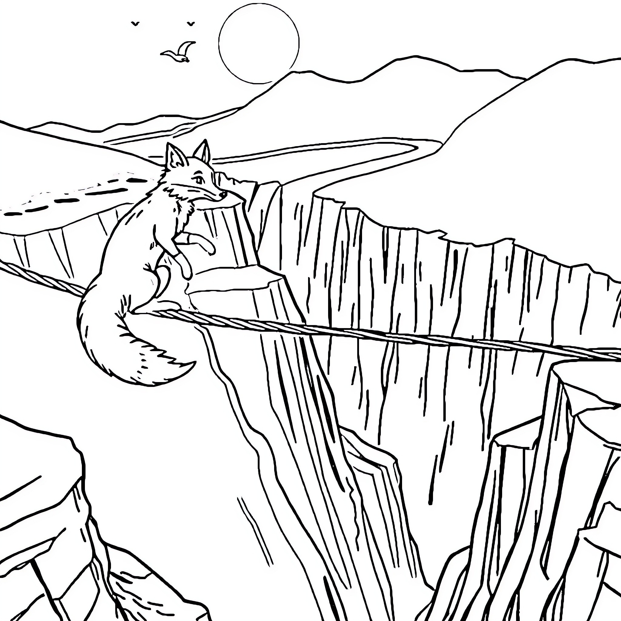 Fox standing on cliff overlooking landscape Coloring Page (free black-and-white line drawing printable PDF for all, from beginners to advanced learners, including children, teens, adults, and seniors)