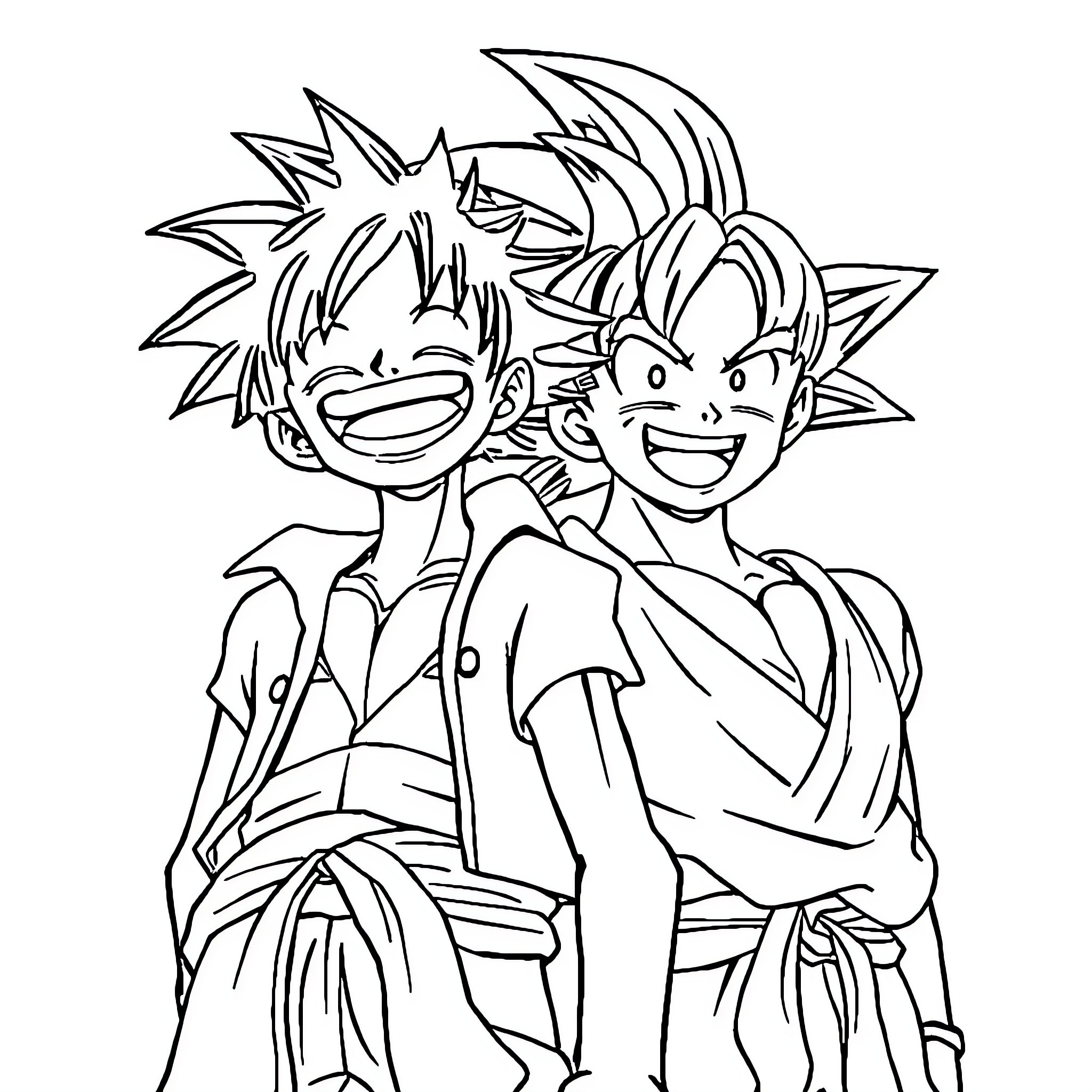 Luffy and Goku Sharing a Laugh Coloring Page (free black-and-white line drawing printable PDF for all, from beginners to advanced learners, including children, teens, adults, and seniors)