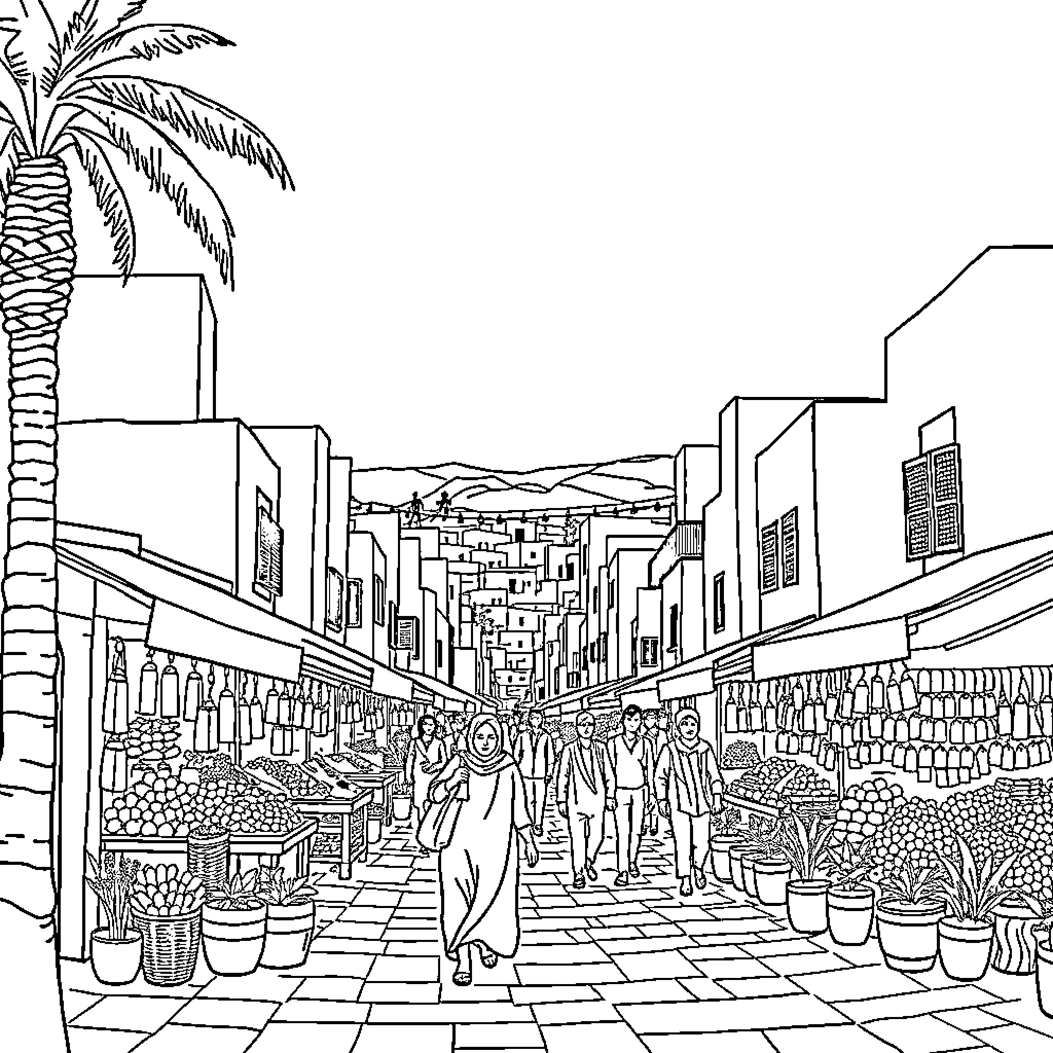 Tunisie: Bustling Market in a Vibrant City Landscape Coloring Page (free black-and-white line drawing printable PDF for all, from beginners to advanced learners, including children, teens, adults, and seniors)
