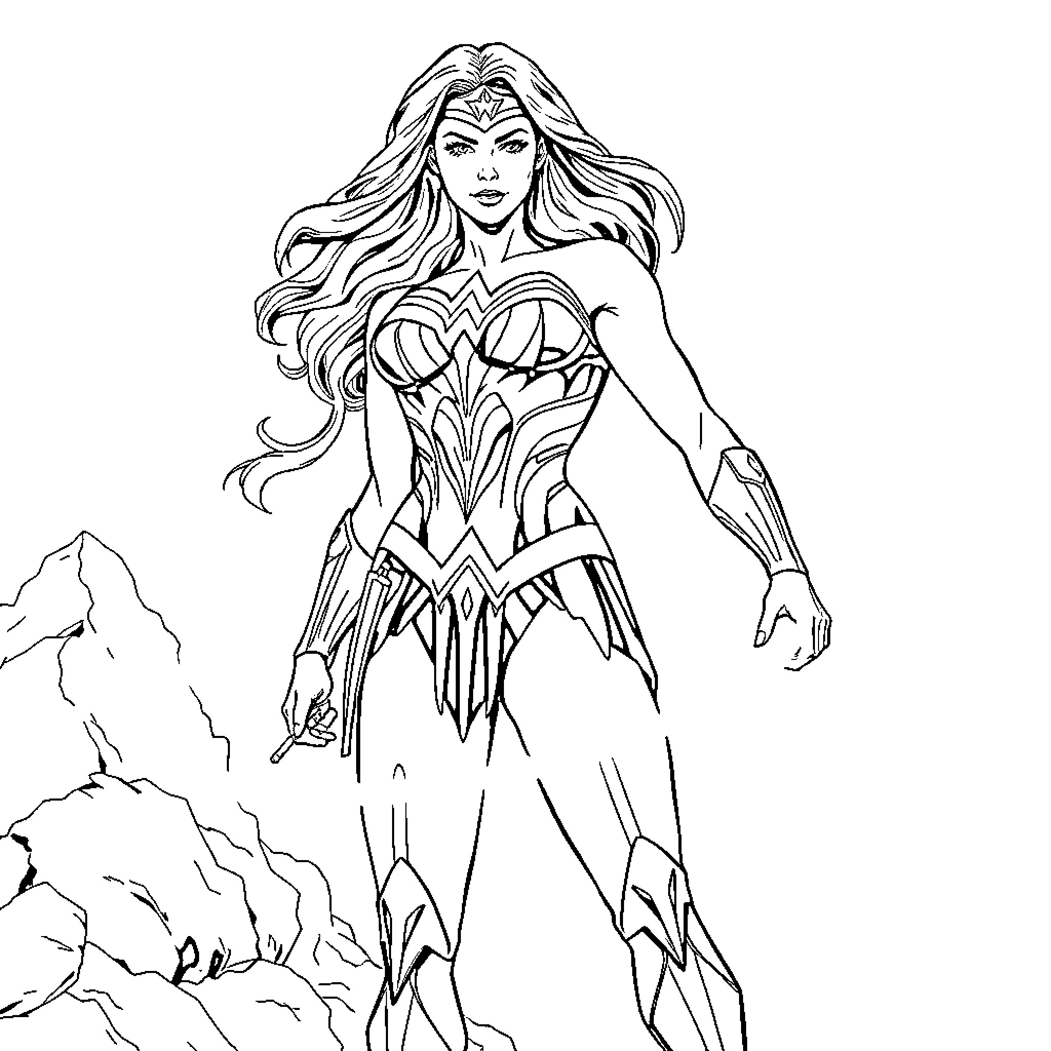 Wonder Woman in heroic pose against rocky background Coloring Page (free black-and-white line drawing printable PDF for all, from beginners to advanced learners, including children, teens, adults, and seniors)