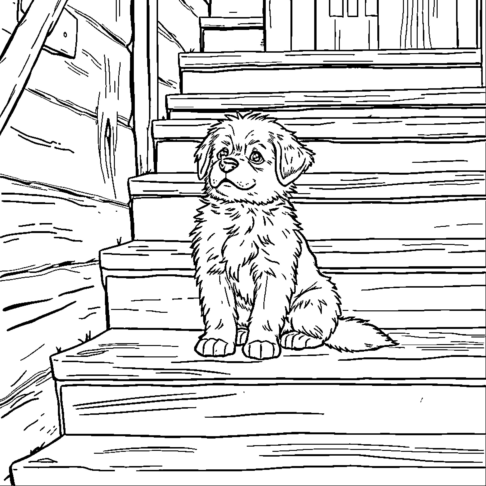 Dog sitting on stairs in a cozy cottage Coloring Page (free black-and-white line drawing printable PDF for all, from beginners to advanced learners, including children, teens, adults, and seniors)