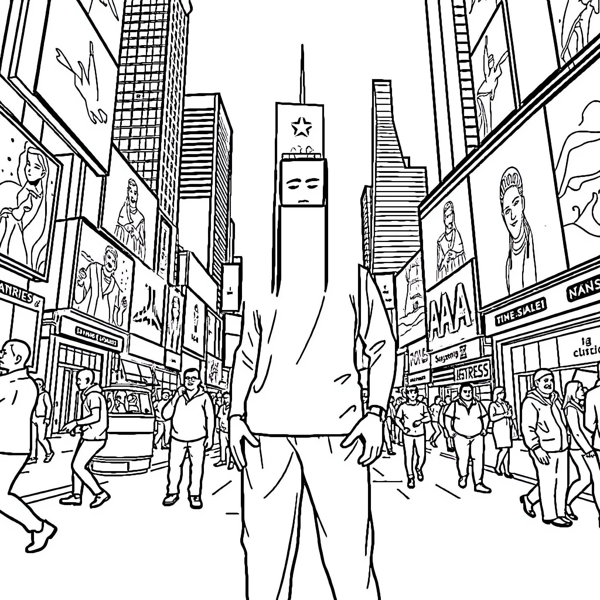 Mo Salah in the vibrant city of New York Coloring Page (free black-and-white line drawing printable PDF for all, from beginners to advanced learners, including children, teens, adults, and seniors)