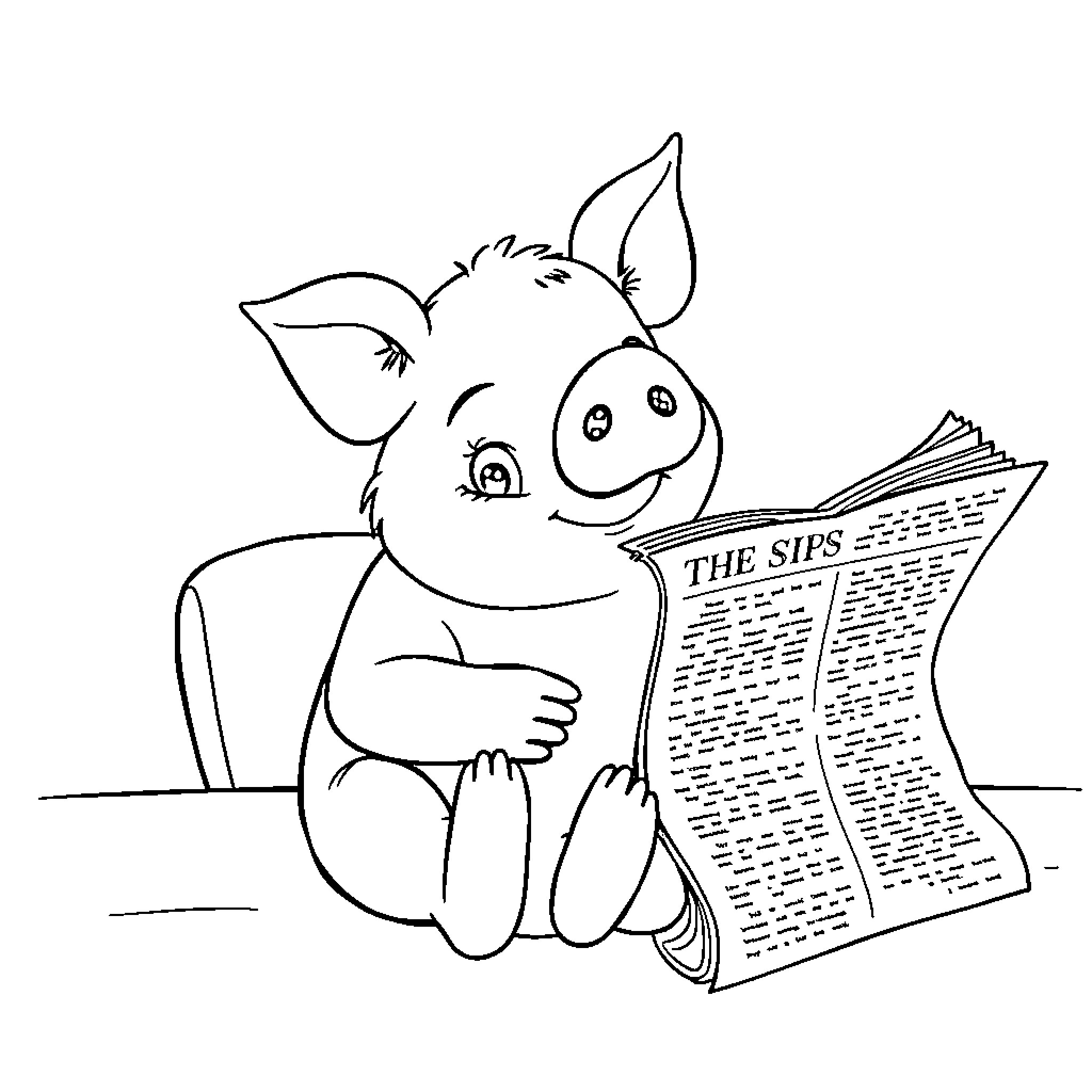 Pig reading the newspaper happily Coloring Page (free black-and-white line drawing printable PDF for all, from beginners to advanced learners, including children, teens, adults, and seniors)