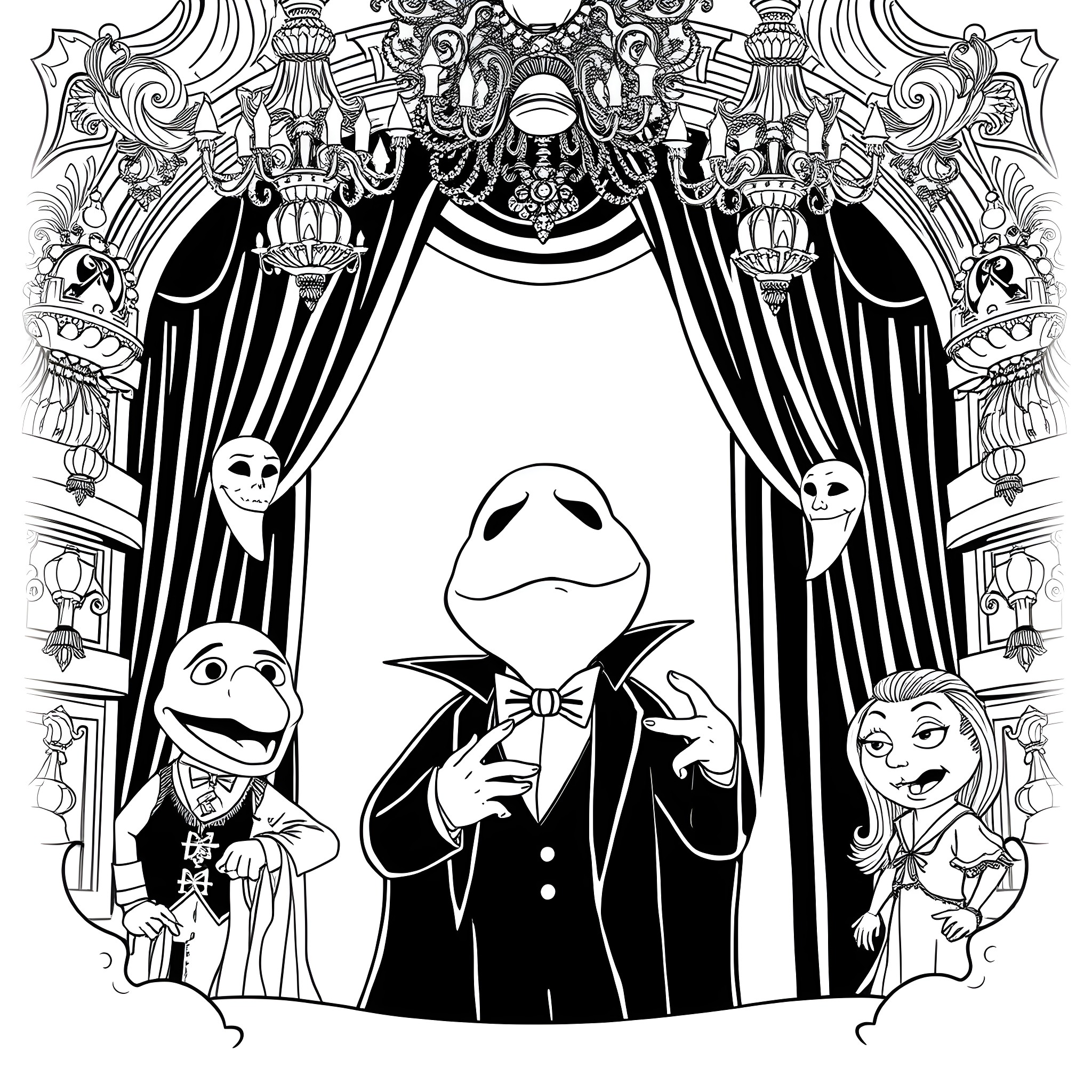 Muppet characters on stage in theatrical costumes Coloring Page (free black-and-white line drawing printable PDF for all, from beginners to advanced learners, including children, teens, adults, and seniors)