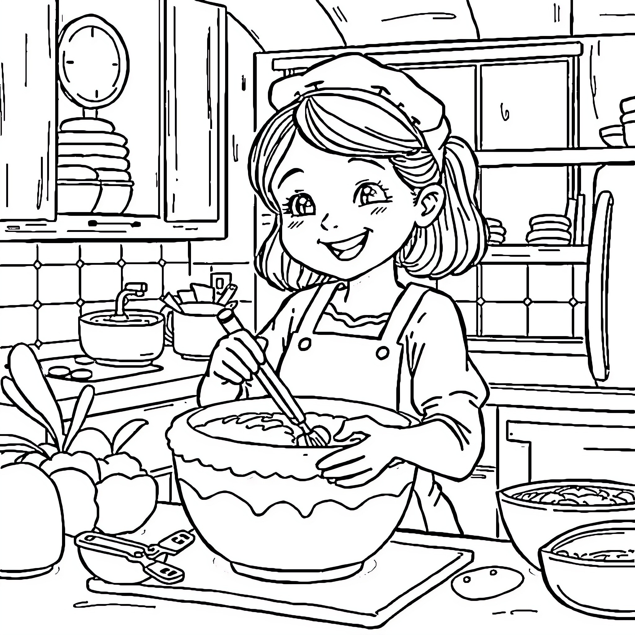 Girl happily cooking in the kitchen Coloring Page (free black-and-white line drawing printable PDF for all, from beginners to advanced learners, including children, teens, adults, and seniors)