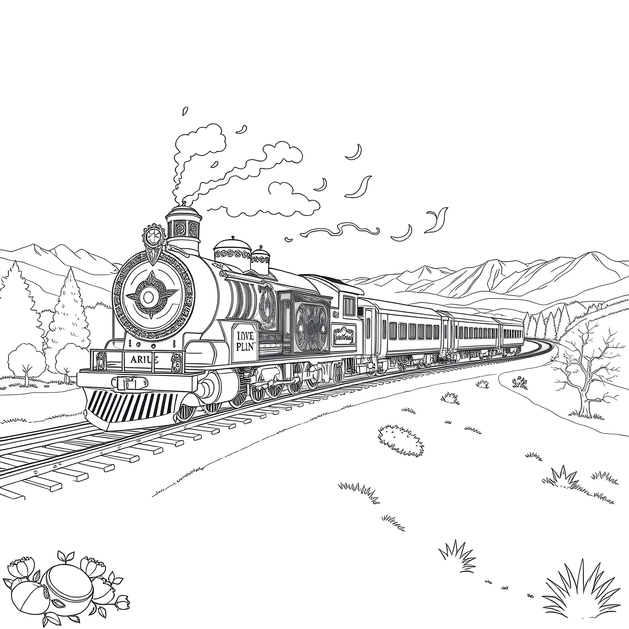 Palace of the Steam Train Traversing the Majestic Landscape Coloring Page (free black-and-white line drawing printable PDF for all, from beginners to advanced learners, including children, teens, adults, and seniors)