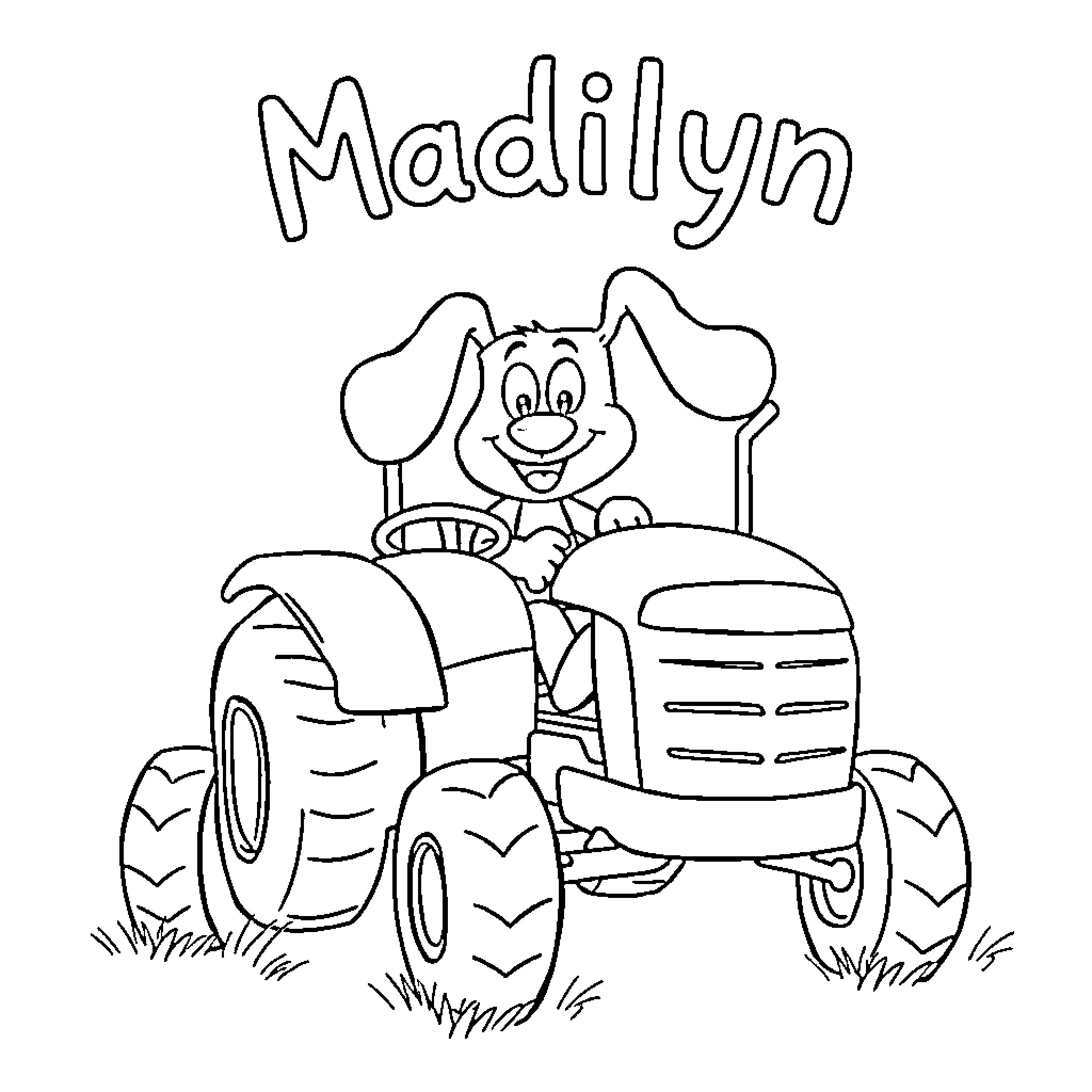 Blue Puppy Drives Tractor Joyfully Coloring Page (free black-and-white line drawing printable PDF for all, from beginners to advanced learners, including children, teens, adults, and seniors)