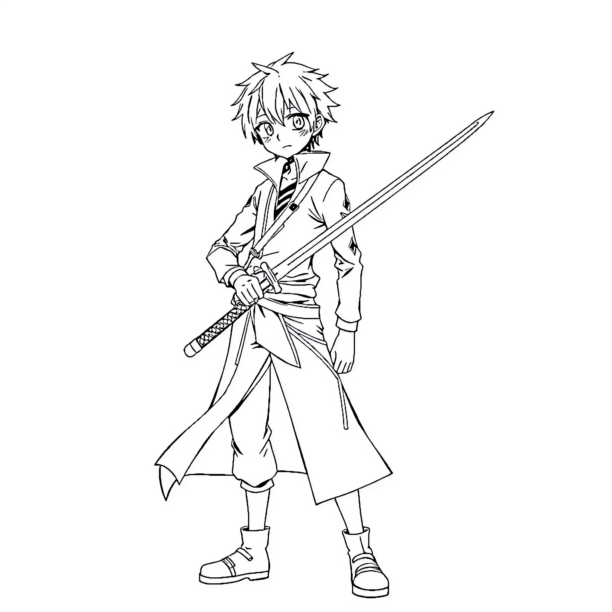 Kirito in Action with Sword and Uniform Coloring Page (free black-and-white line drawing printable PDF for all, from beginners to advanced learners, including children, teens, adults, and seniors)