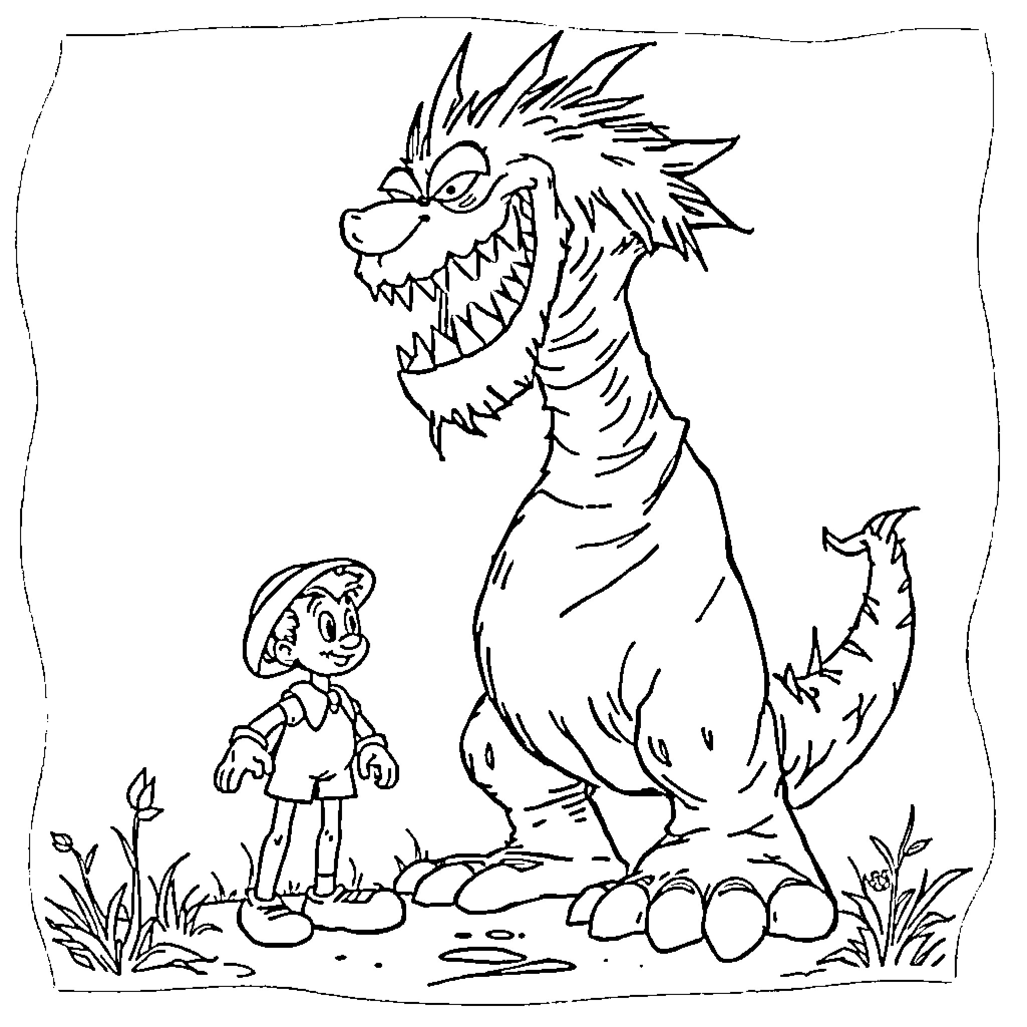 Monstro confronting tiny character in forest Coloring Page (free black-and-white line drawing printable PDF for all, from beginners to advanced learners, including children, teens, adults, and seniors)