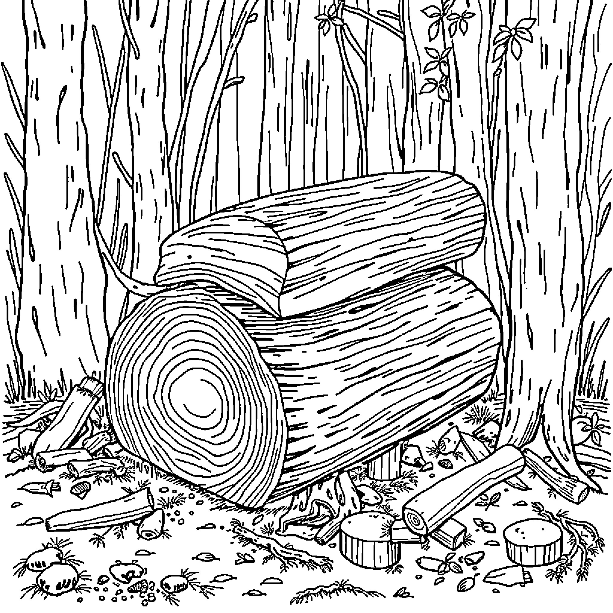 Timber logs in the serene forest Coloring Page (free black-and-white line drawing printable PDF for all, from beginners to advanced learners, including children, teens, adults, and seniors)