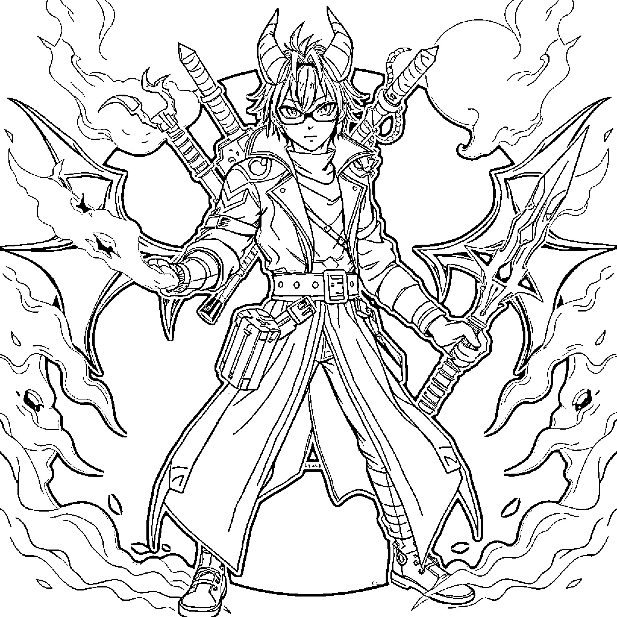 Demon Hunter wielding powerful weapons in epic battle Coloring Page (free black-and-white line drawing printable PDF for all, from beginners to advanced learners, including children, teens, adults, and seniors)