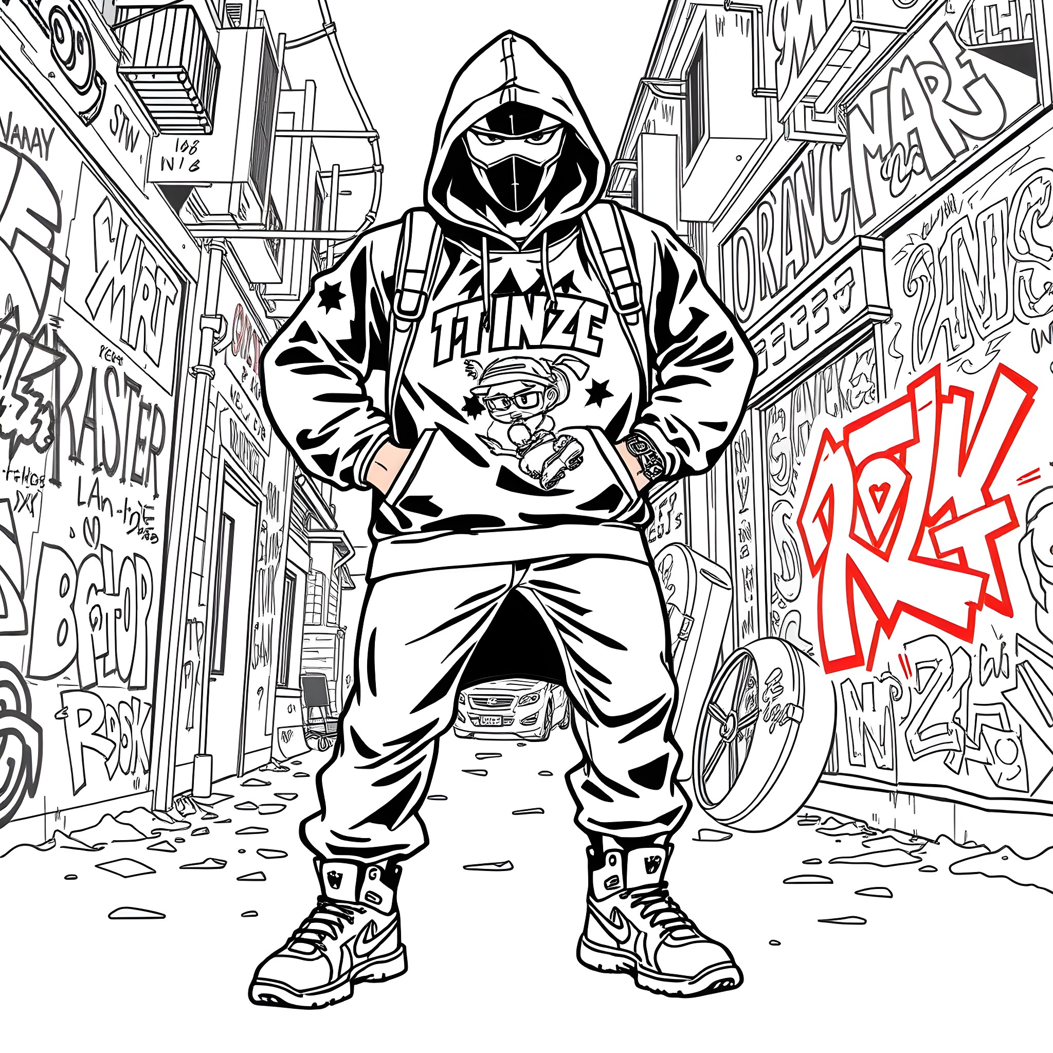 Omni Man in Graffiti-Covered Urban Setting Coloring Page (free black-and-white line drawing printable PDF for all, from beginners to advanced learners, including children, teens, adults, and seniors)