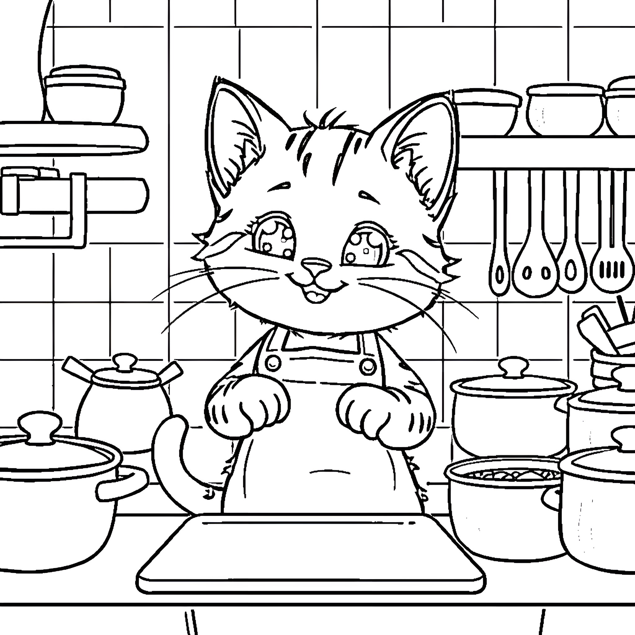Kitten exploring a busy kitchen Coloring Page (free black-and-white line drawing printable PDF for all, from beginners to advanced learners, including children, teens, adults, and seniors)