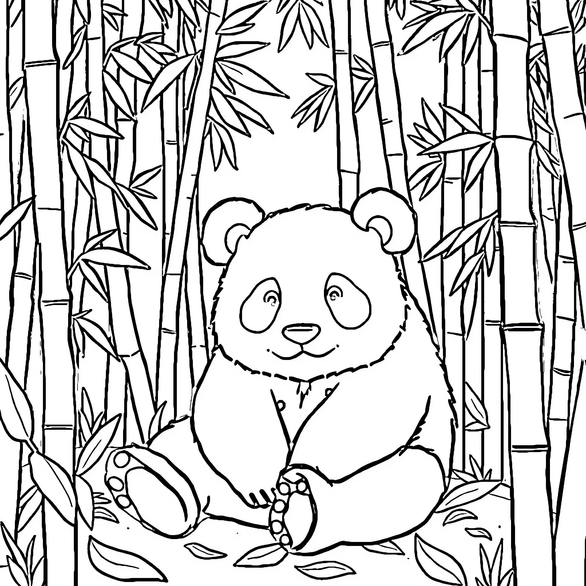 Panda enjoying bamboo in the forest Coloring Page (free black-and-white line drawing printable PDF for all, from beginners to advanced learners, including children, teens, adults, and seniors)