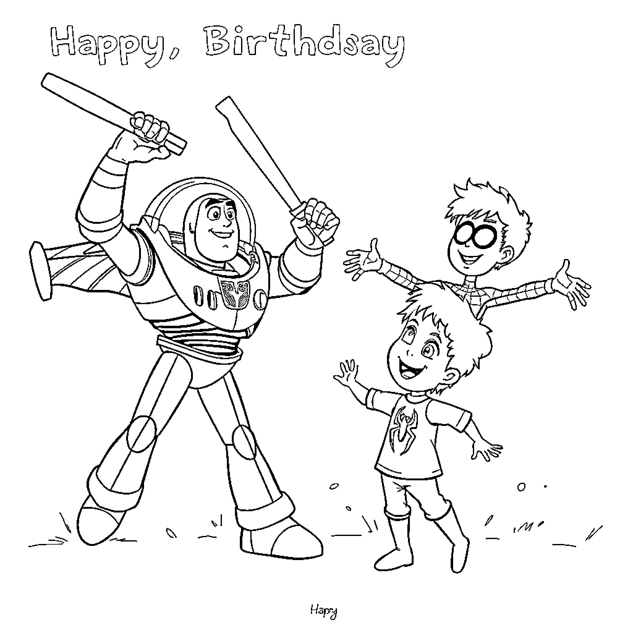 Buzz Lightyear celebrates birthday with friend Coloring Page (free black-and-white line drawing printable PDF for all, from beginners to advanced learners, including children, teens, adults, and seniors)