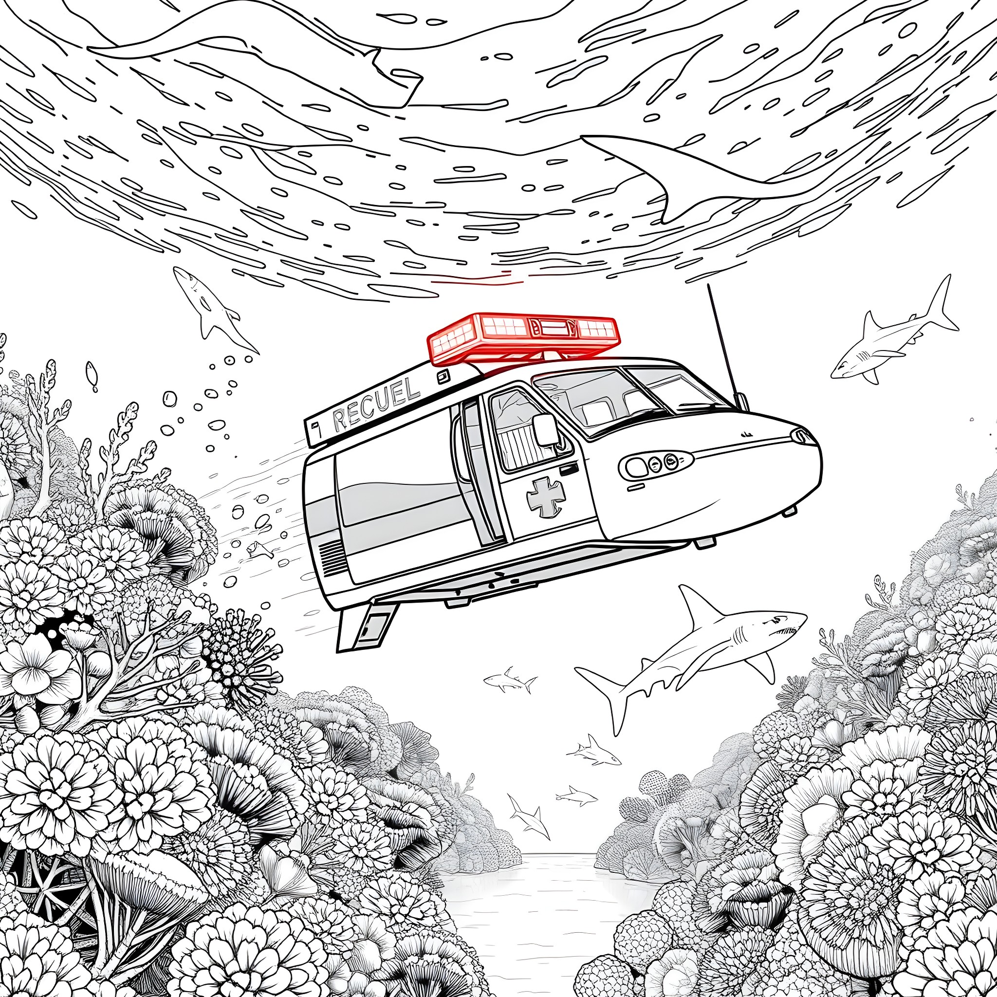 Emergency Vehicle Rescuing in Underwater Ocean Scenery Coloring Page (free black-and-white line drawing printable PDF for all, from beginners to advanced learners, including children, teens, adults, and seniors)
