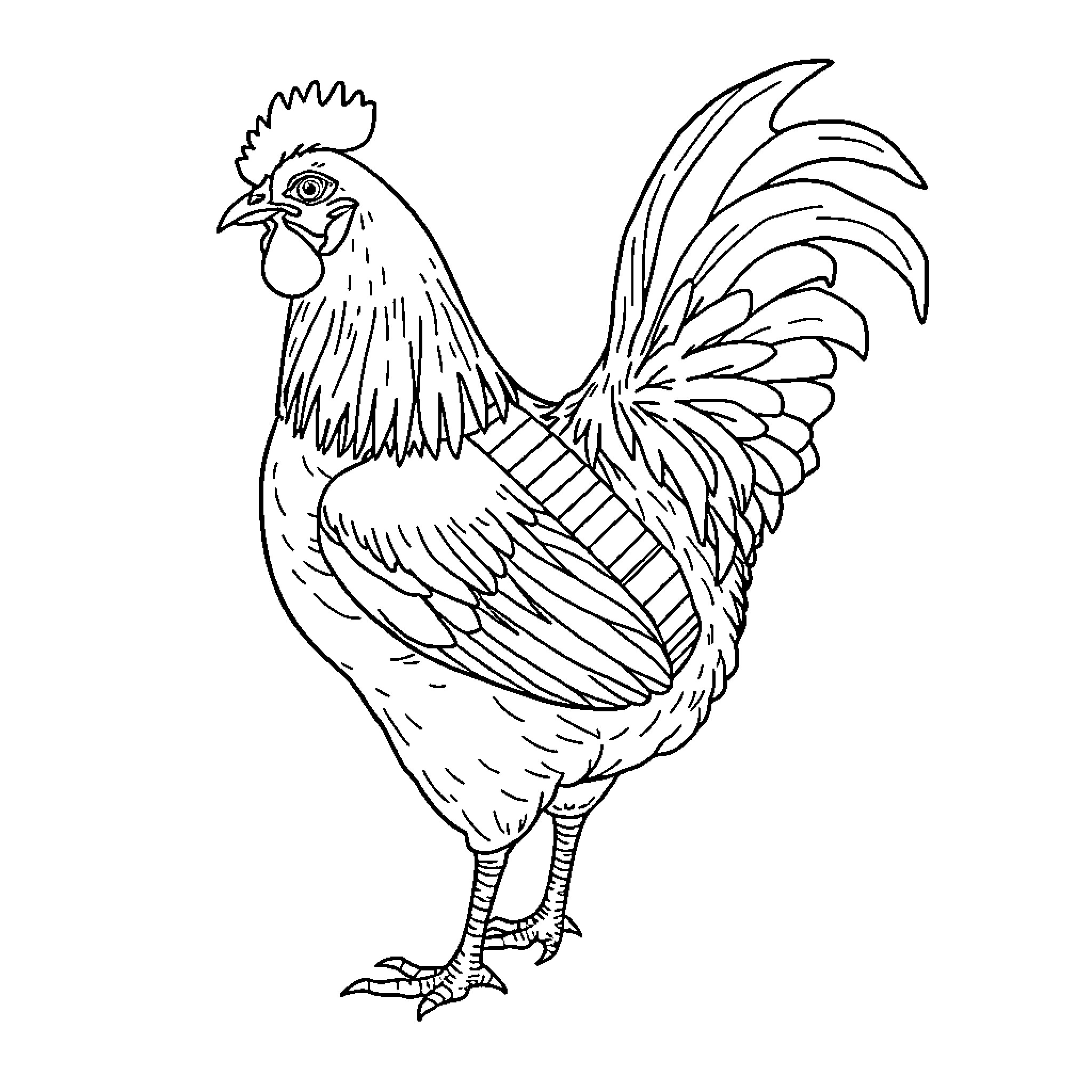Chicken strutting with pride and confidence Coloring Page (free black-and-white line drawing printable PDF for all, from beginners to advanced learners, including children, teens, adults, and seniors)