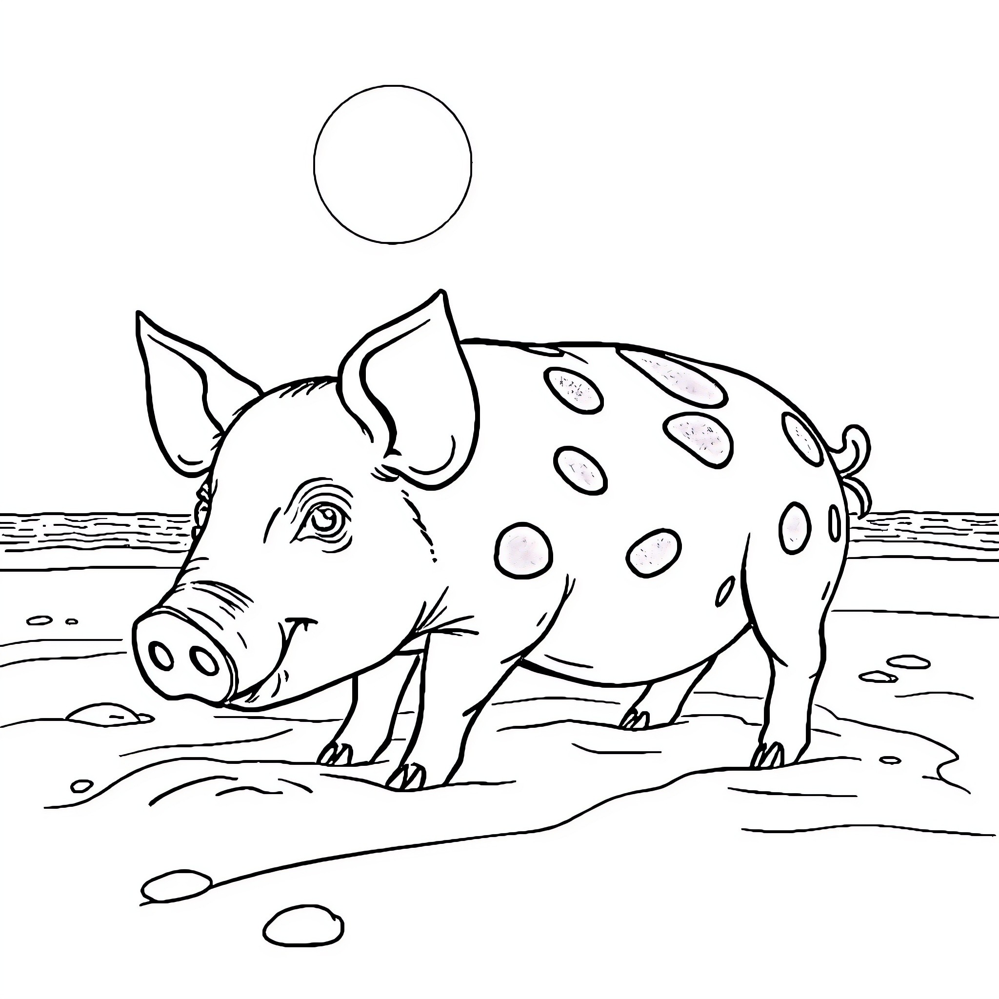 Pig enjoying the outdoors Coloring Page (free black-and-white line drawing printable PDF for all, from beginners to advanced learners, including children, teens, adults, and seniors)