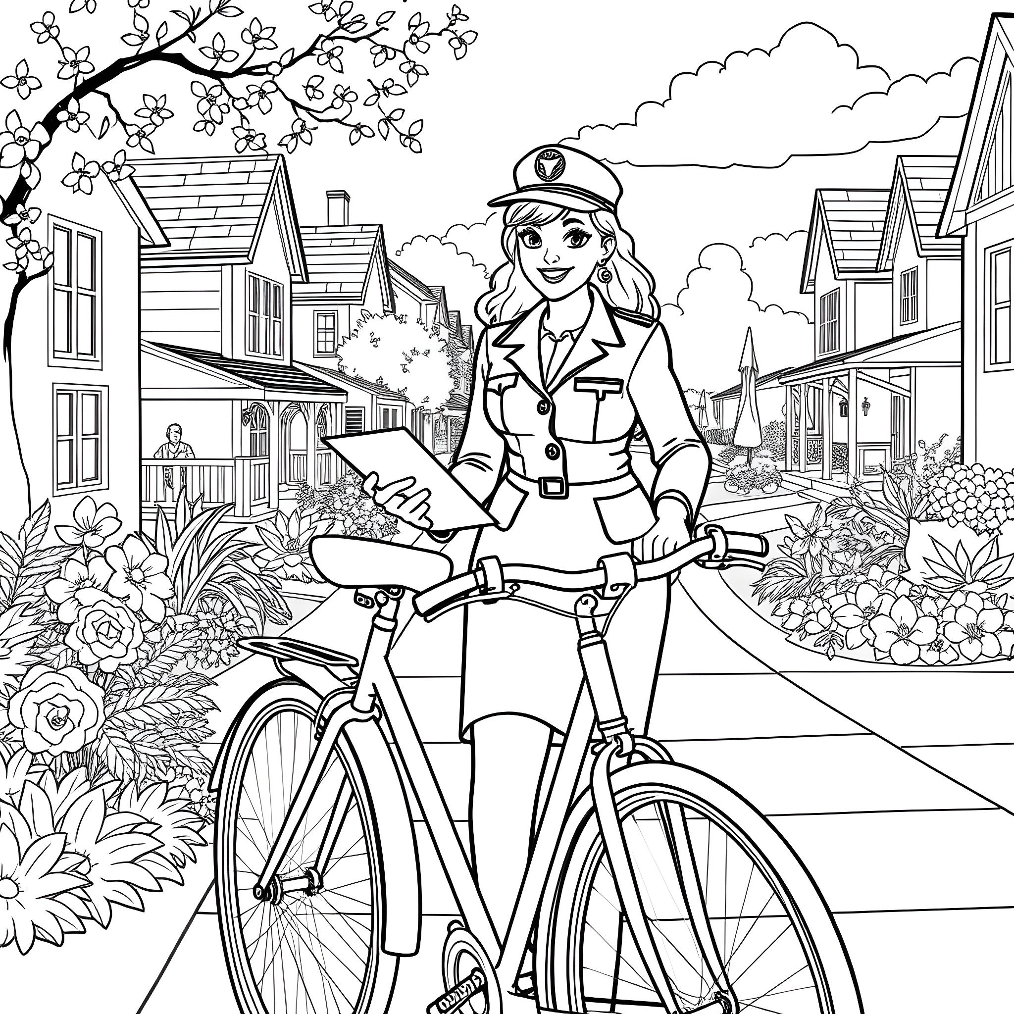 Postwoman delivering mail on a bicycle in a floral town Coloring Page (free black-and-white line drawing printable PDF for all, from beginners to advanced learners, including children, teens, adults, and seniors)