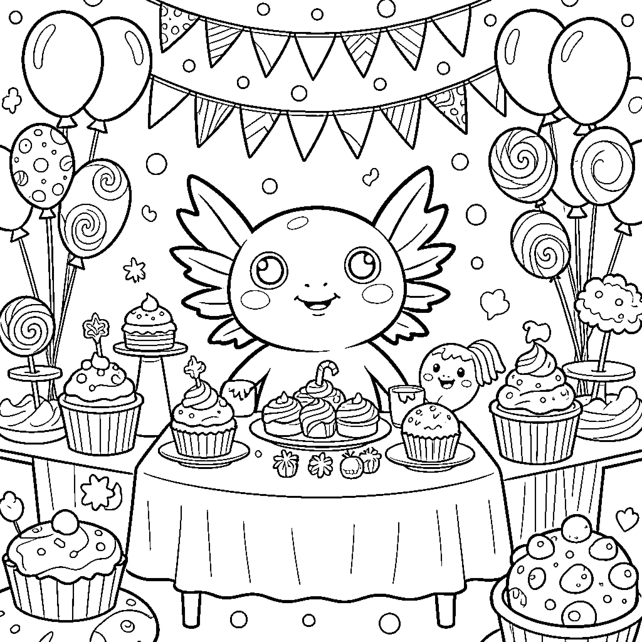 Axolotl's Cupcake Party Coloring Page (free black-and-white line drawing printable PDF for all, from beginners to advanced learners, including children, teens, adults, and seniors)