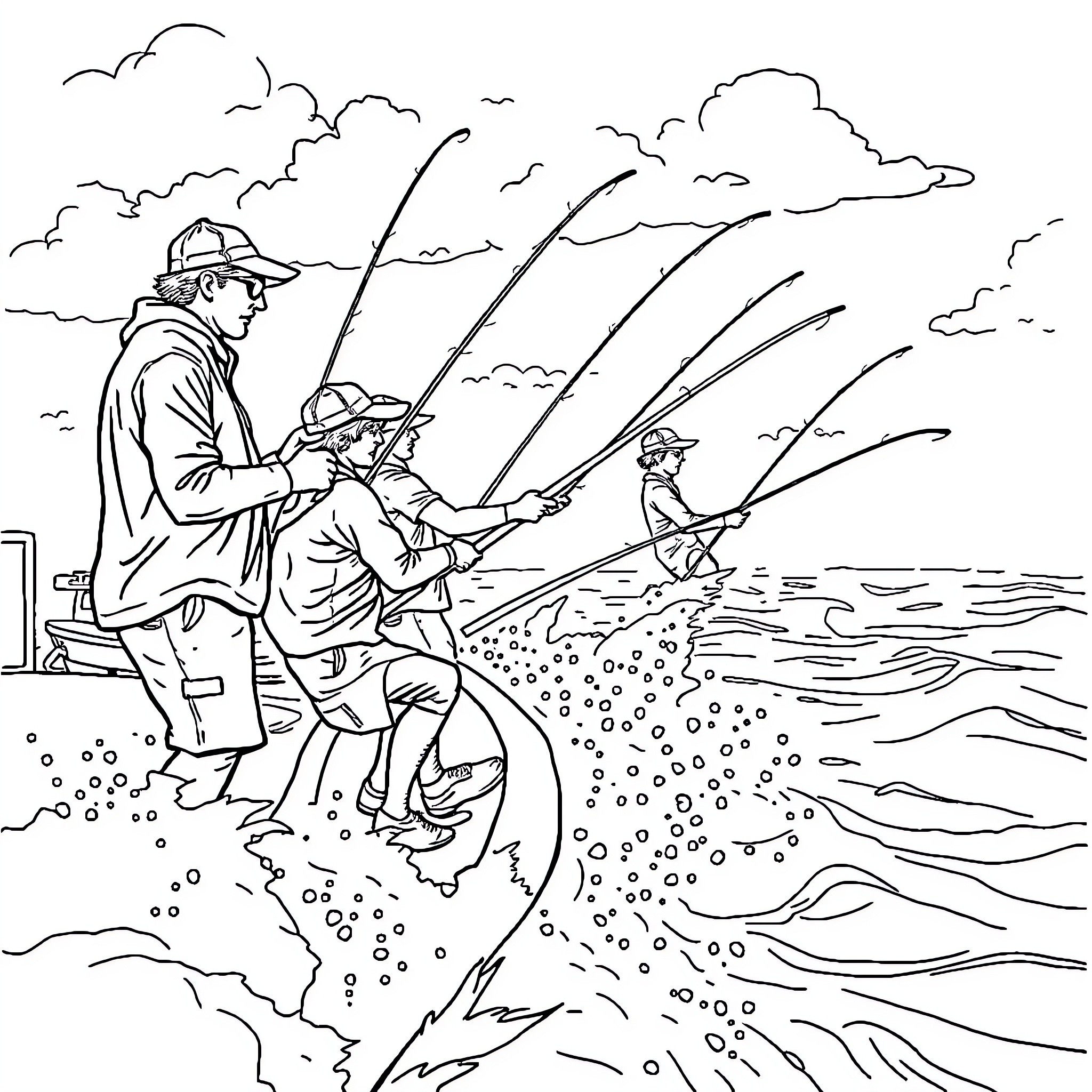 Fishing Crew Enjoying Outdoor Adventure Coloring Page (free black-and-white line drawing printable PDF for all, from beginners to advanced learners, including children, teens, adults, and seniors)