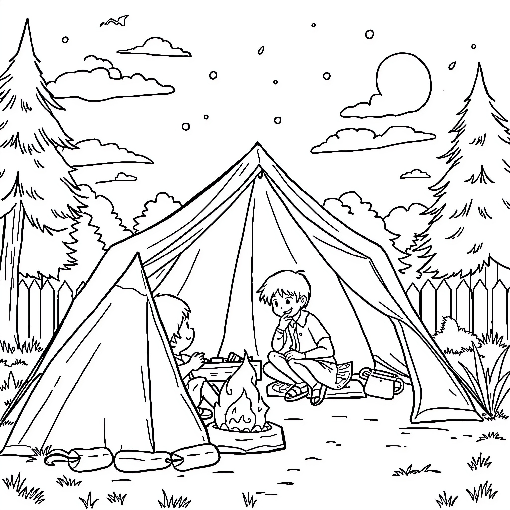 Students camping under the stars in the wilderness Coloring Page (free black-and-white line drawing printable PDF for all, from beginners to advanced learners, including children, teens, adults, and seniors)