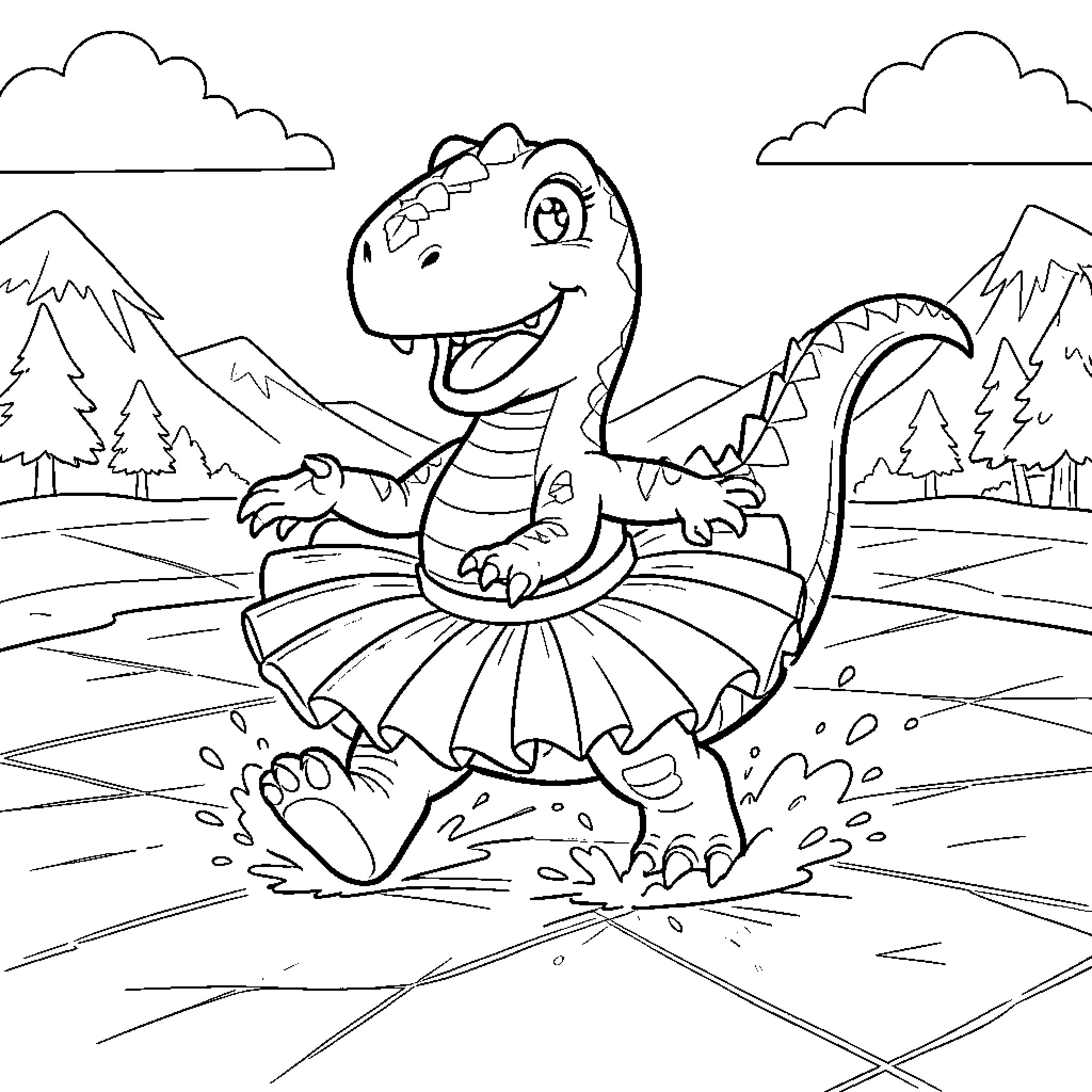 Dinosaur dancing happily in a natural landscape Coloring Page (free black-and-white line drawing printable PDF for all, from beginners to advanced learners, including children, teens, adults, and seniors)